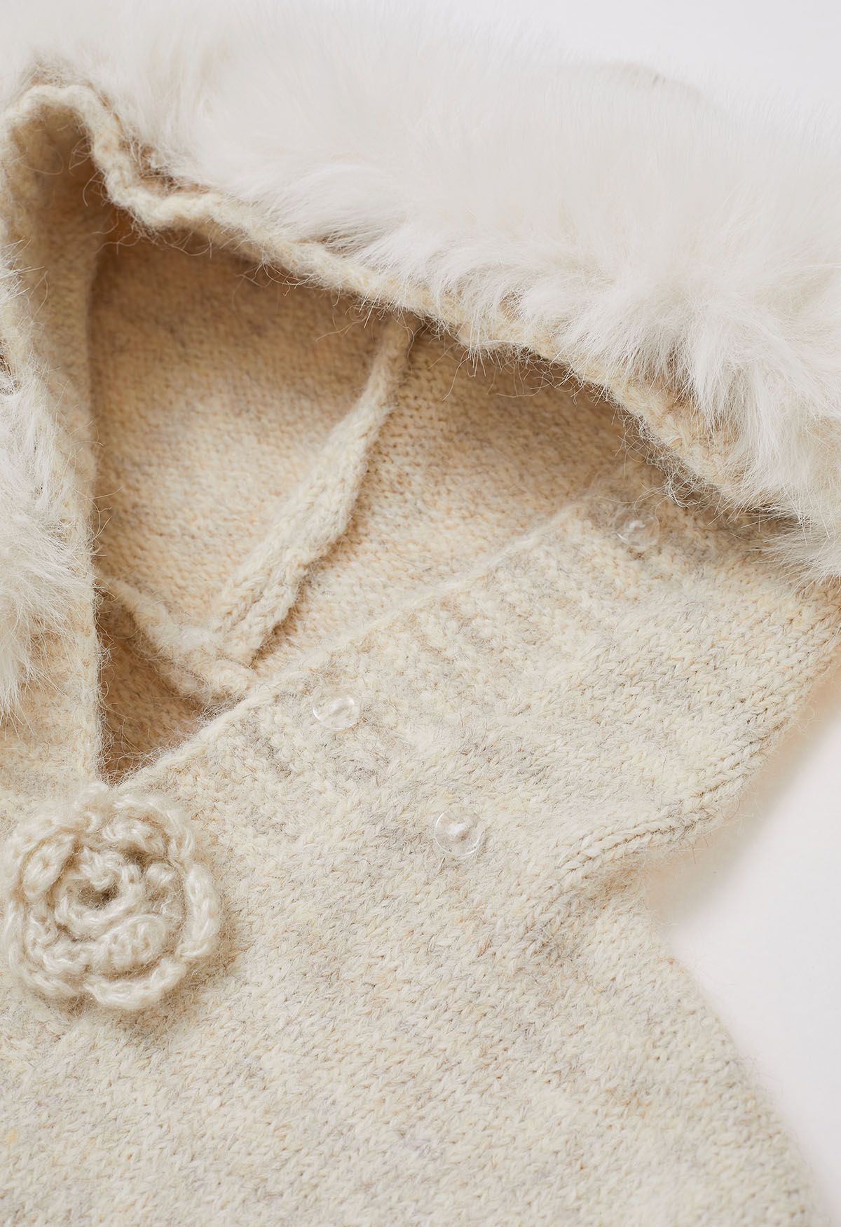 Stitch Rose Button Faux Fur Hooded Knit Cardigan in Oatmeal