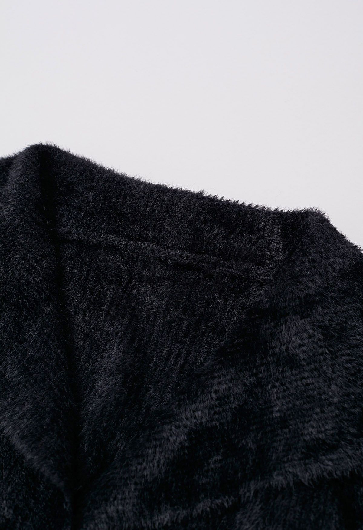 Collared Open Front Fluffy Knit Cardigan in Black