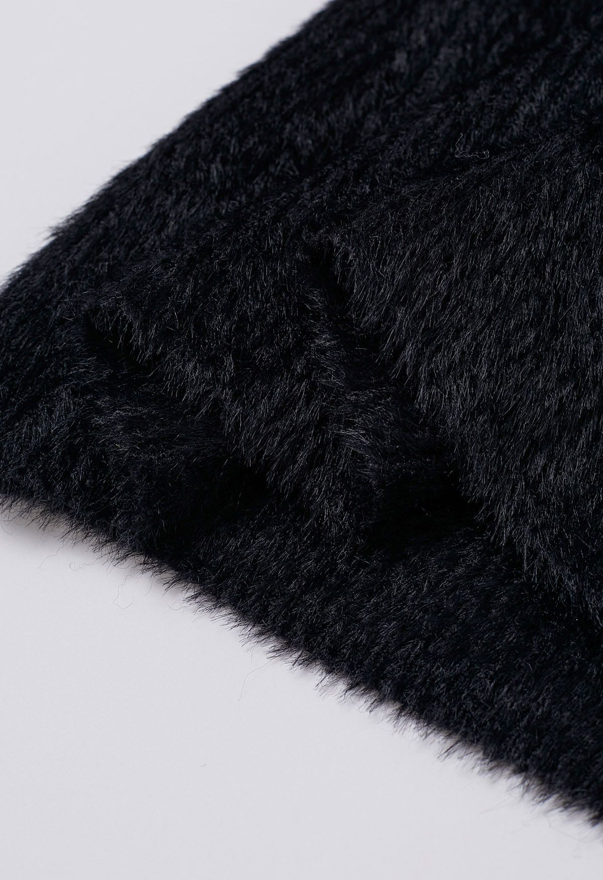 Collared Open Front Fluffy Knit Cardigan in Black