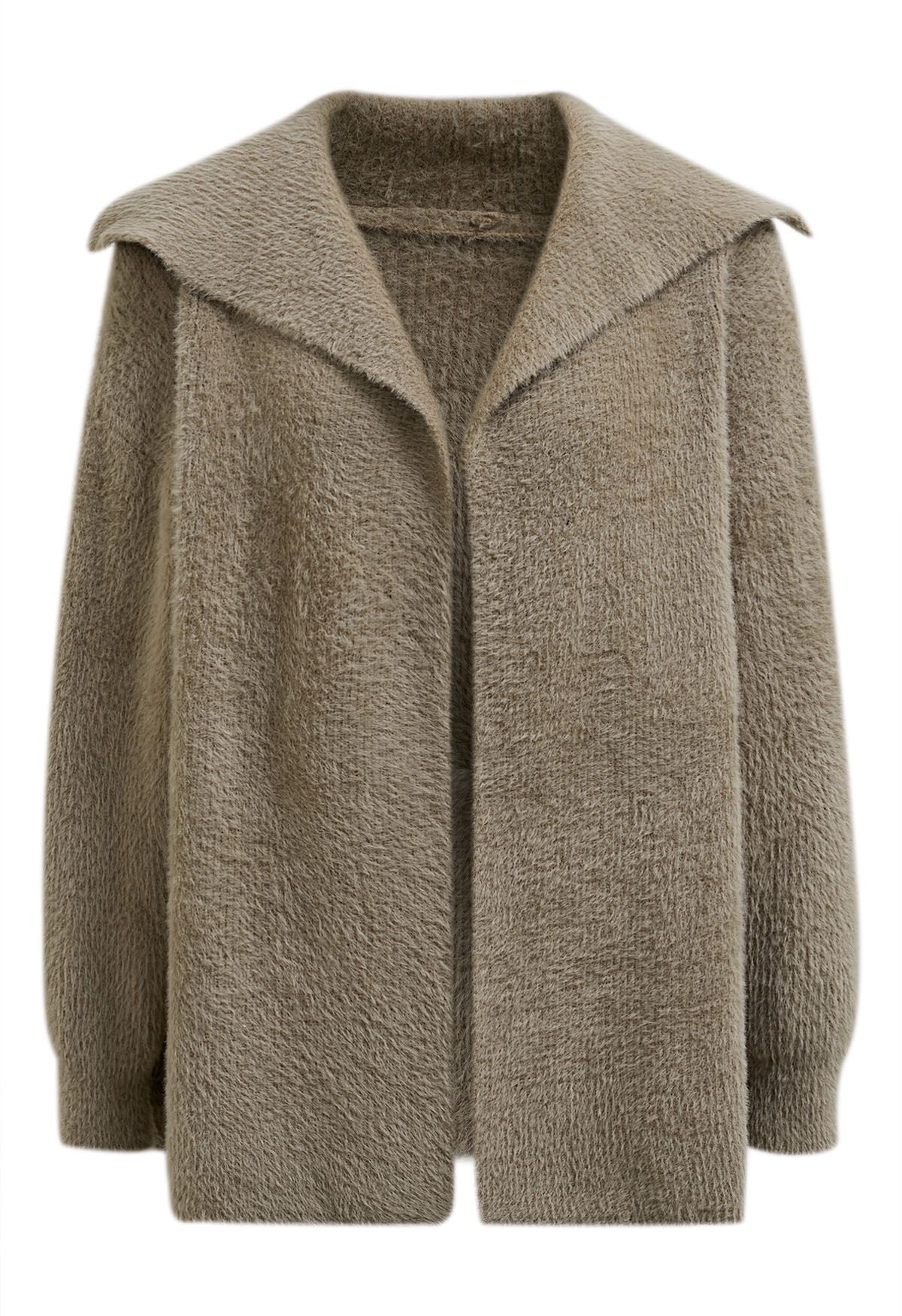 Collared Open Front Fluffy Knit Cardigan in Khaki