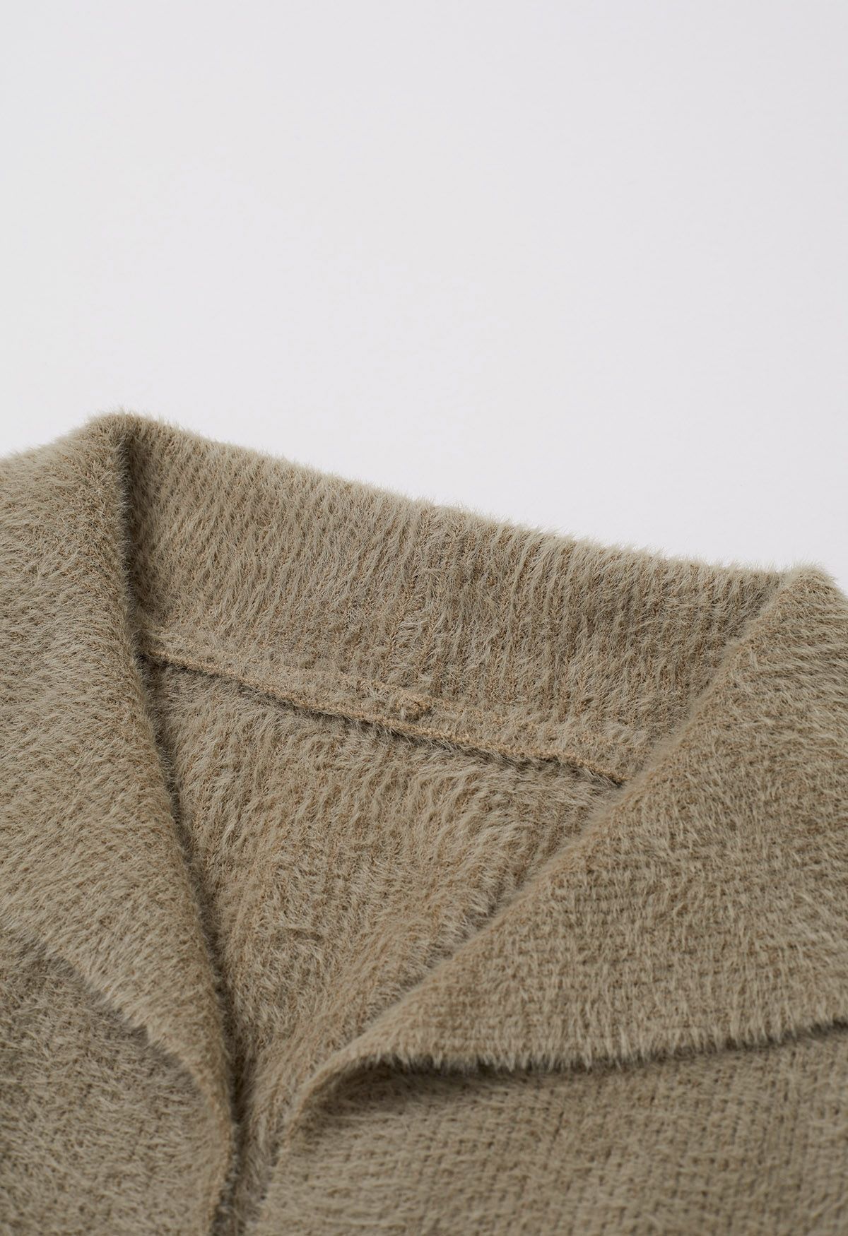 Collared Open Front Fluffy Knit Cardigan in Khaki