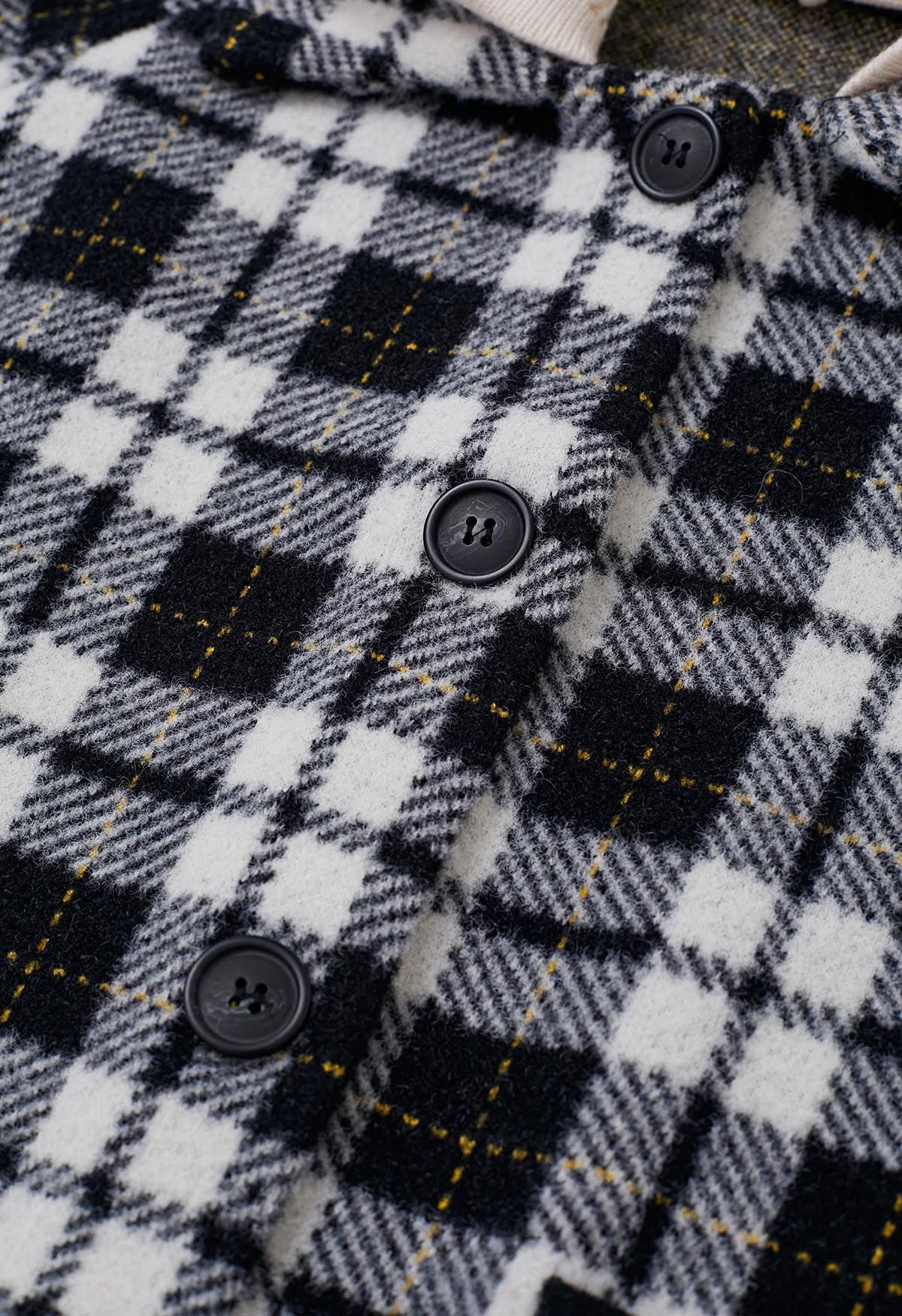 Detachable Hooded Collared Button Down Knit Coat in Plaid