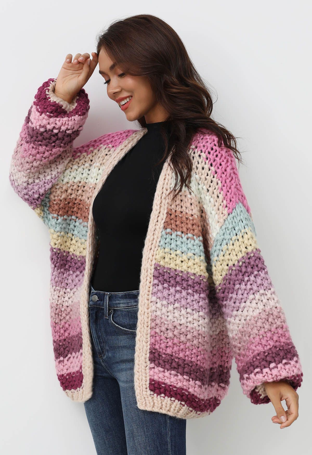 Multicolored Chunky Hand-Knit Cardigan