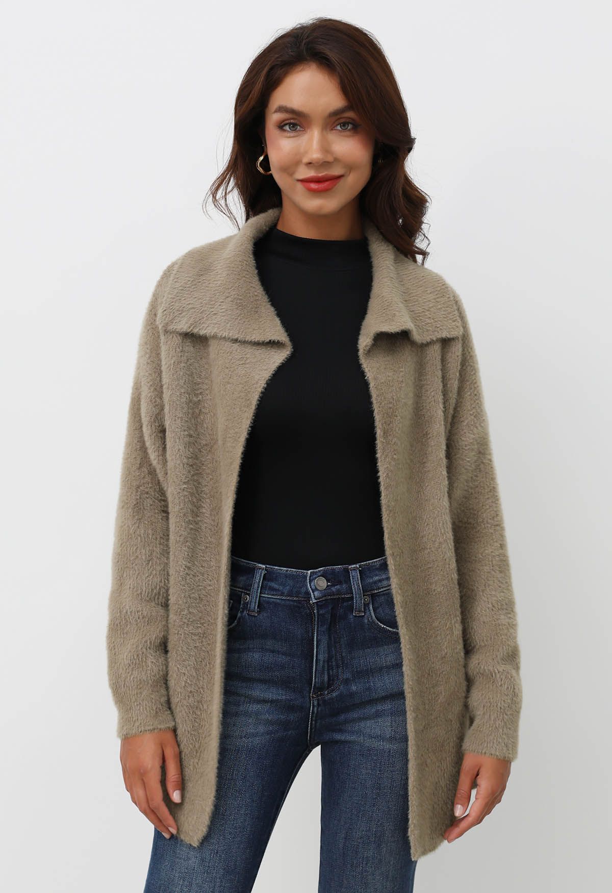 Collared Open Front Fluffy Knit Cardigan in Khaki