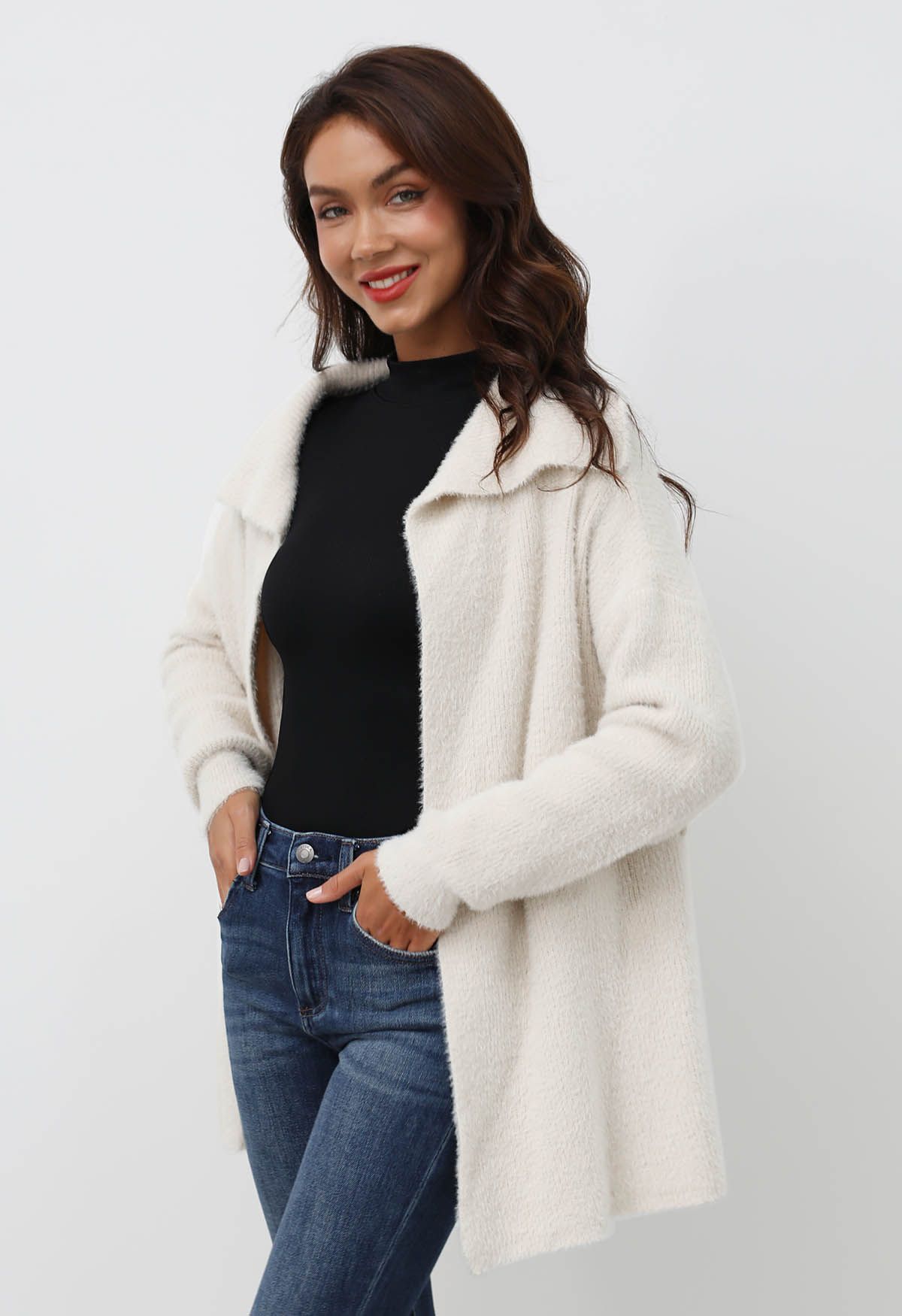 Collared Open Front Fluffy Knit Cardigan in Ivory