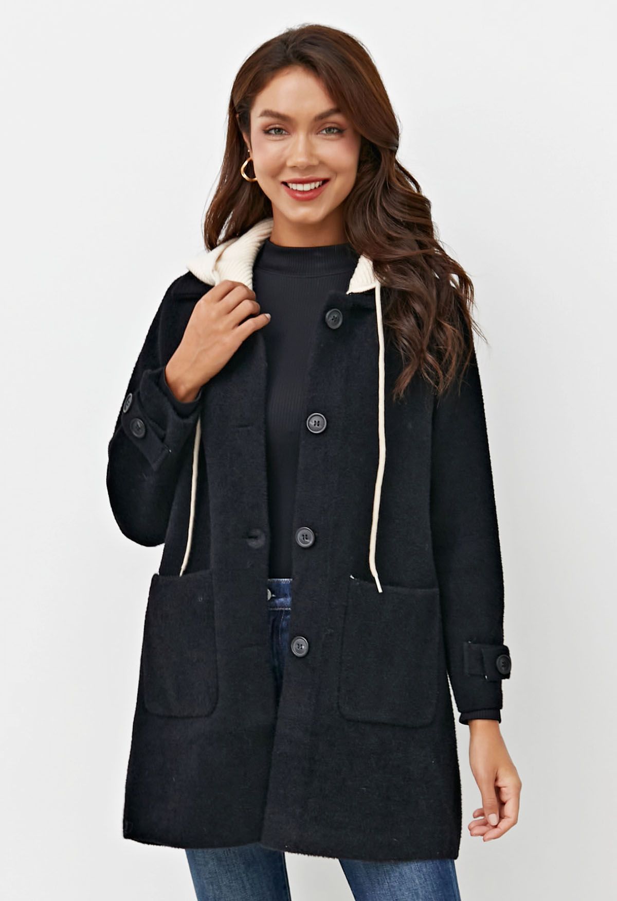 Detachable Hooded Collared Button Down Knit Coat in Black