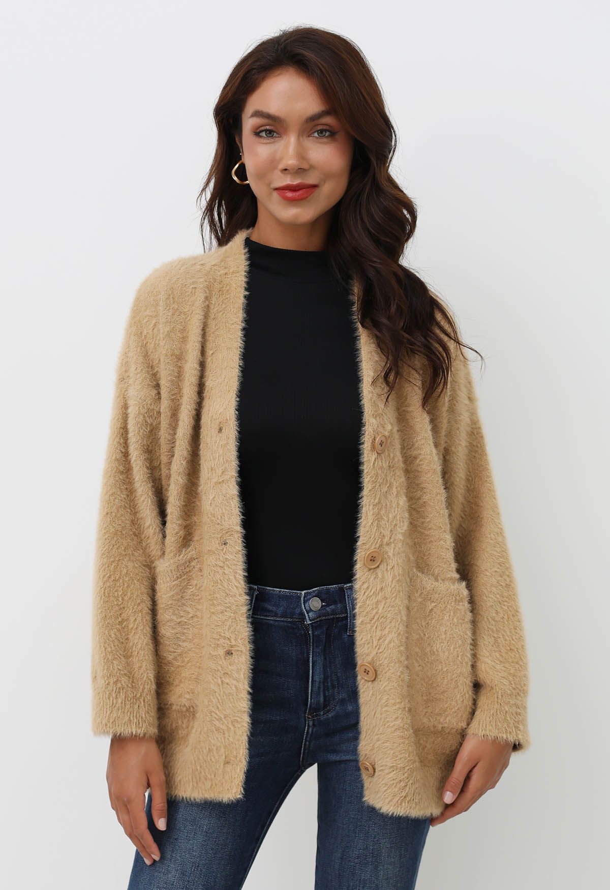 Patch Pocket Button Down Fluffy Knit Cardigan in Tan