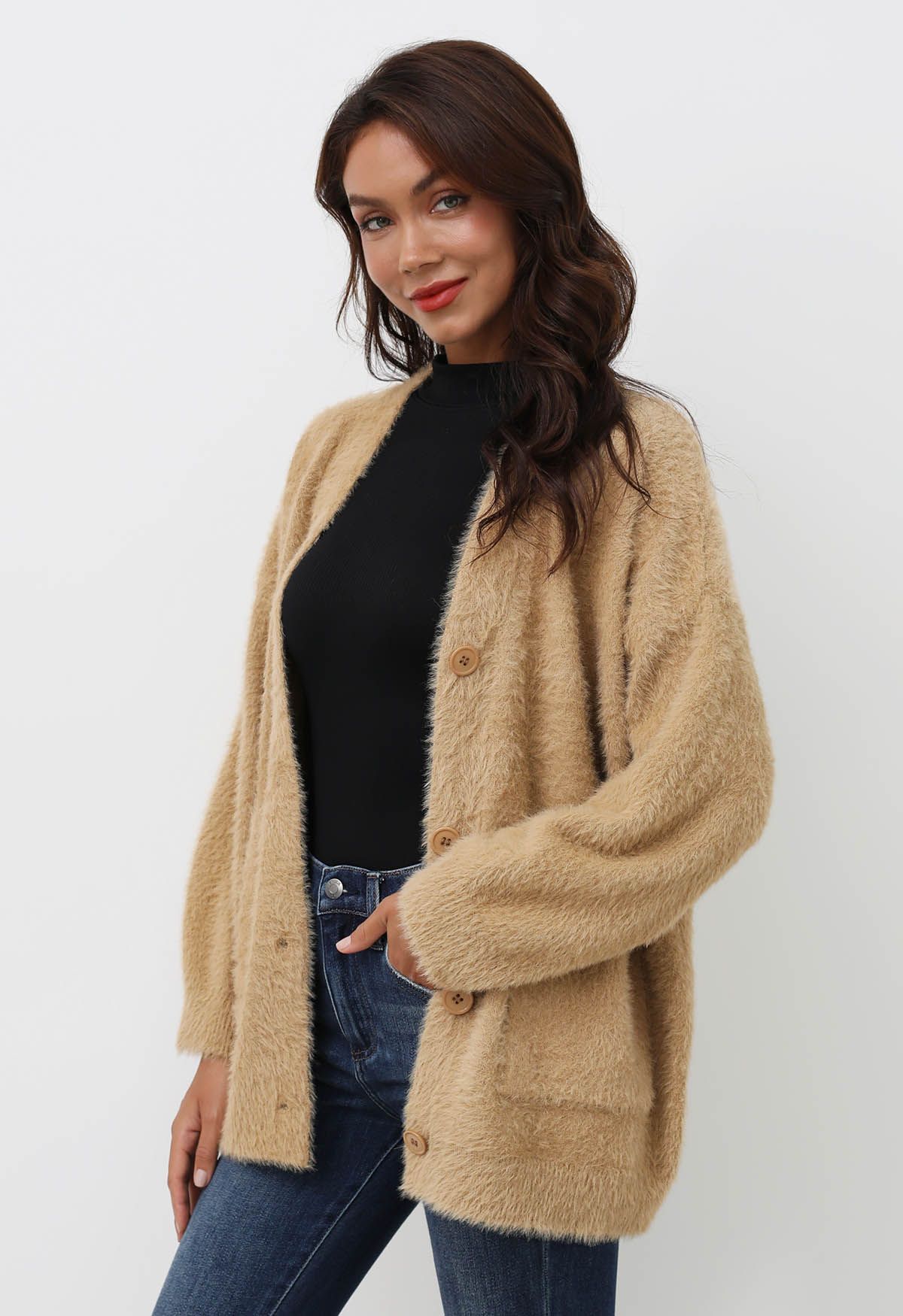 Patch Pocket Button Down Fluffy Knit Cardigan in Tan