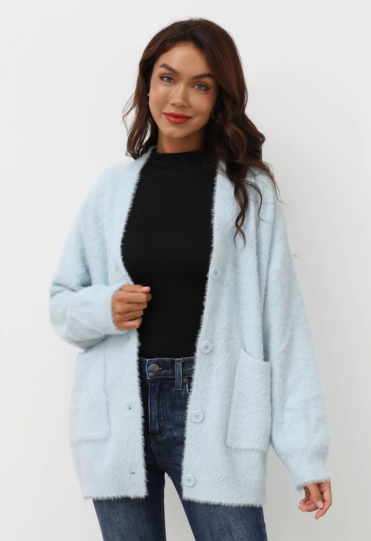 Patch Pocket Button Down Fluffy Knit Cardigan in Baby blue