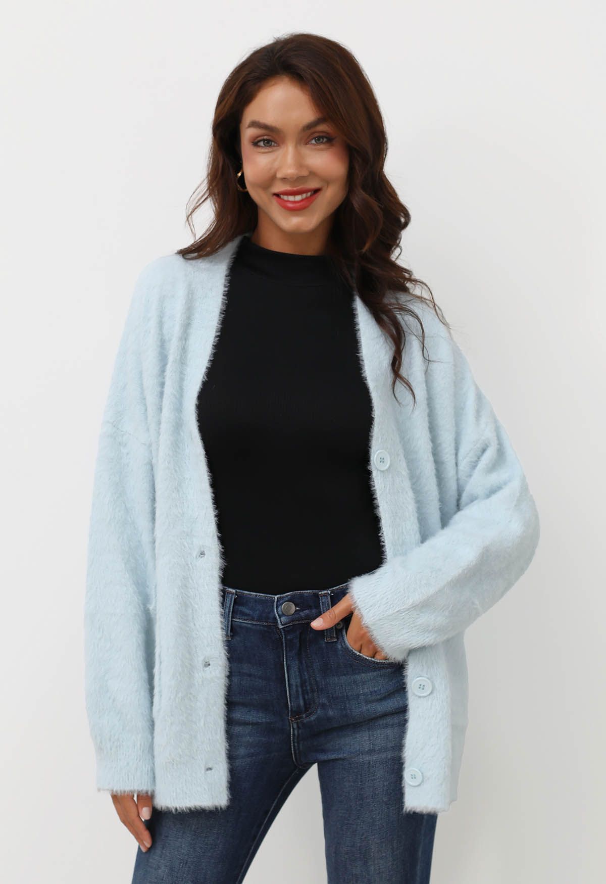 Patch Pocket Button Down Fluffy Knit Cardigan in Baby blue