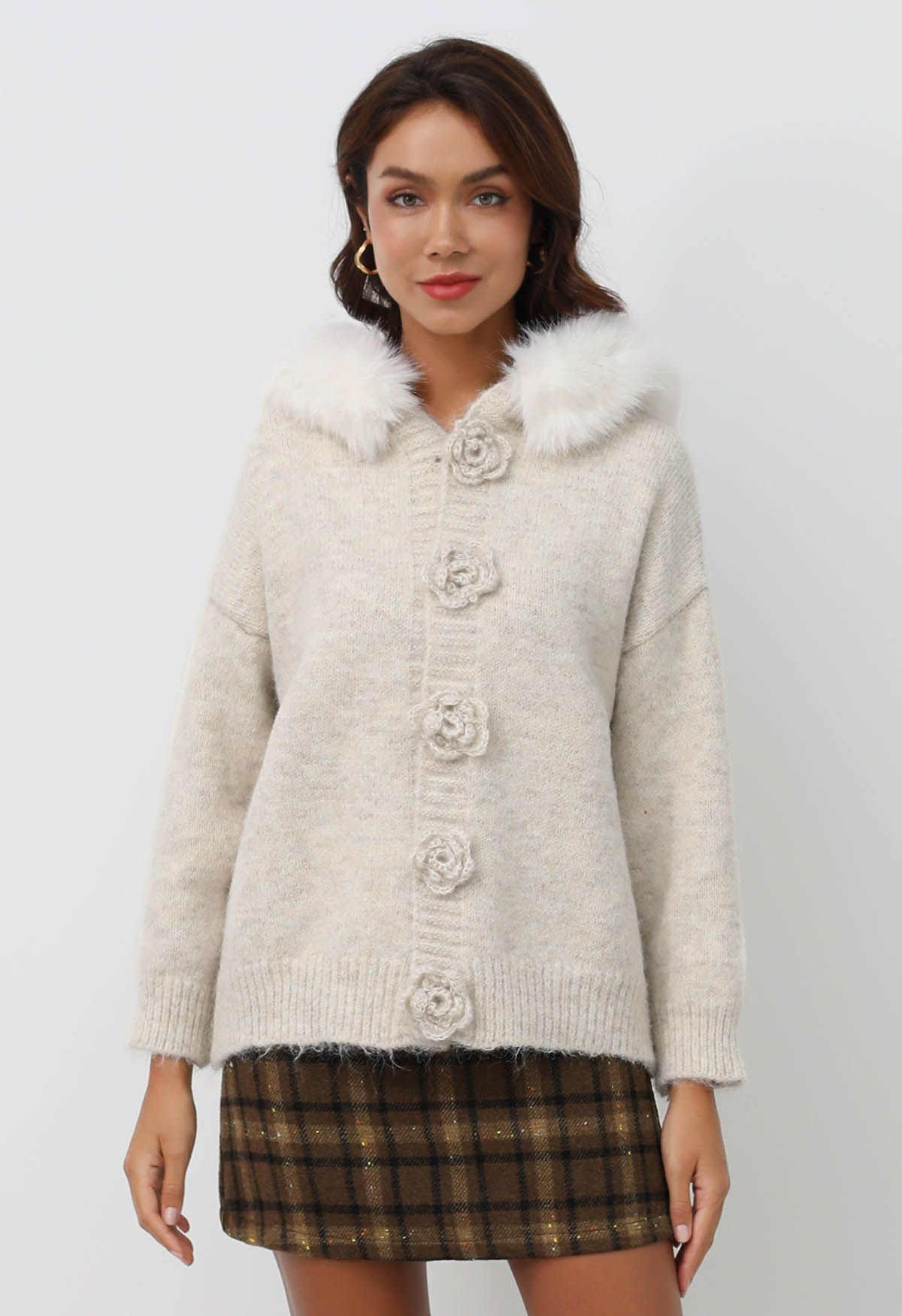 Stitch Rose Button Faux Fur Hooded Knit Cardigan in Oatmeal