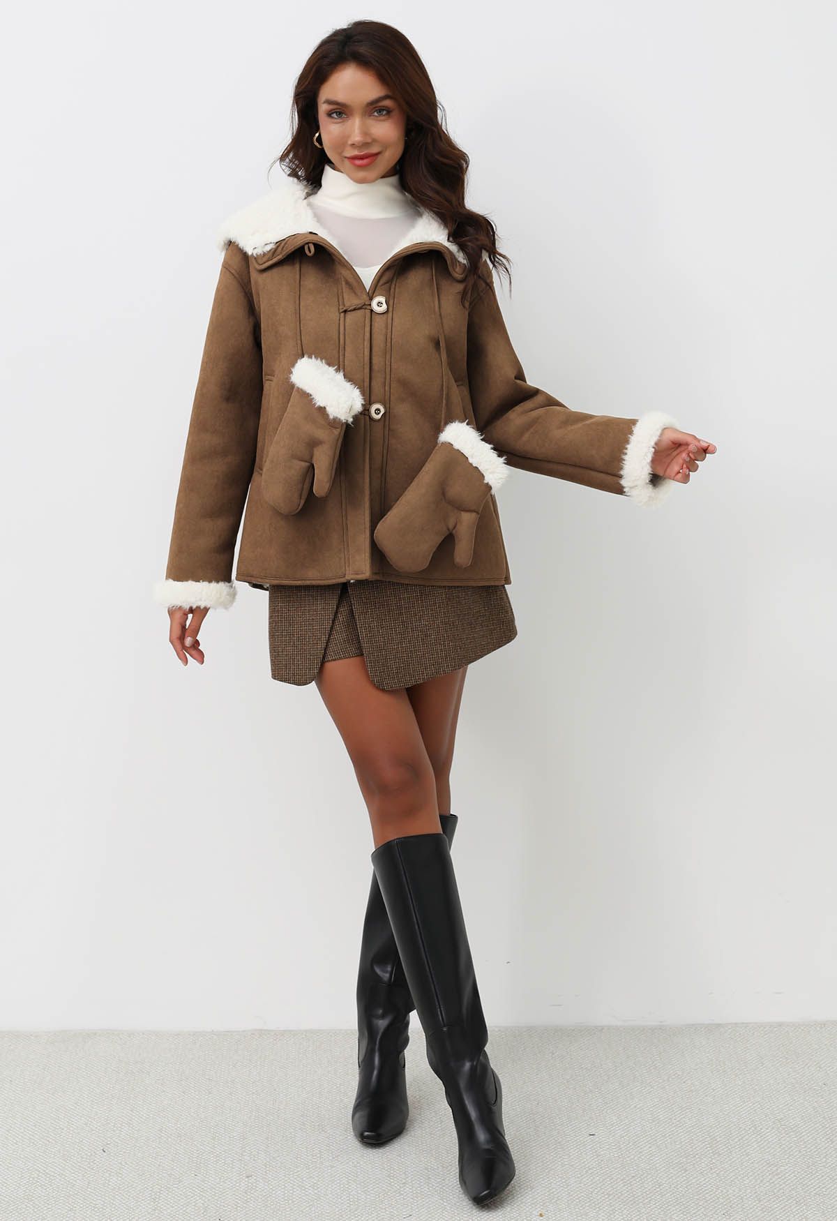 Faux Suede and Fur Hooded Coat with Gloves