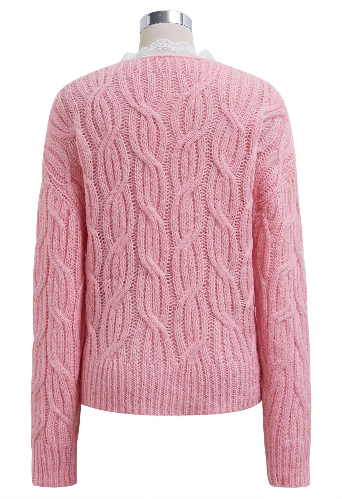 Lace Trim Crisscross Cable-Knit Sweater in Pink