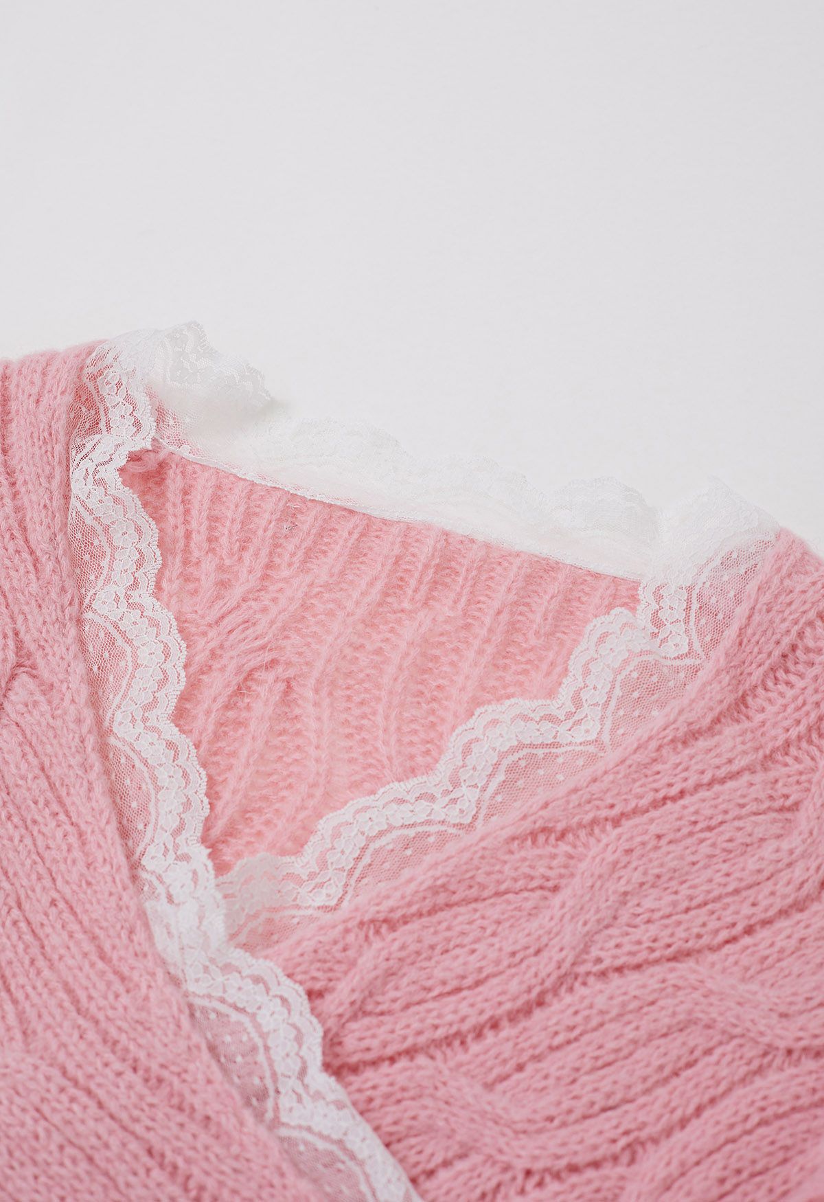 Lace Trim Crisscross Cable-Knit Sweater in Pink