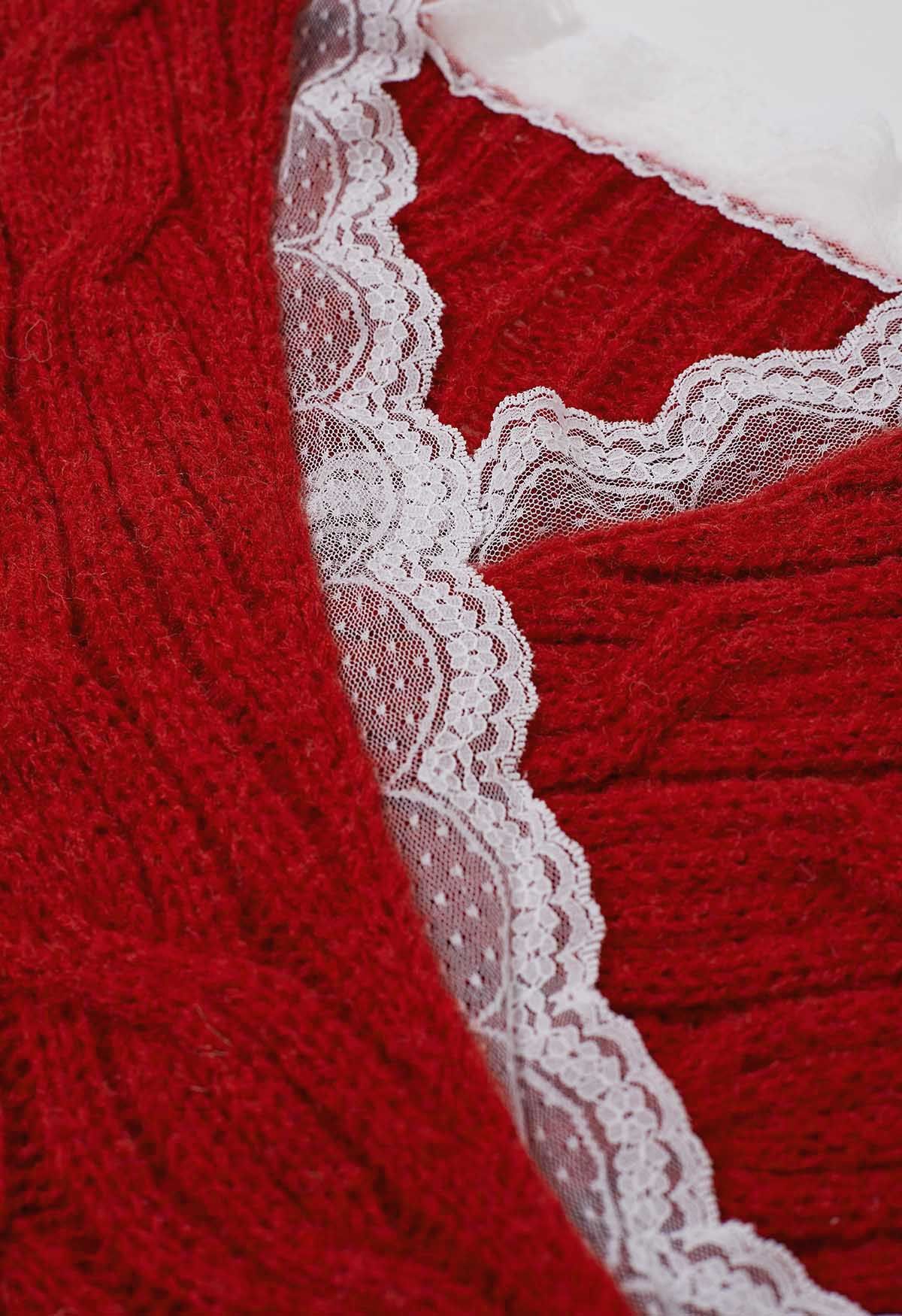 Lace Trim Crisscross Cable-Knit Sweater in Red