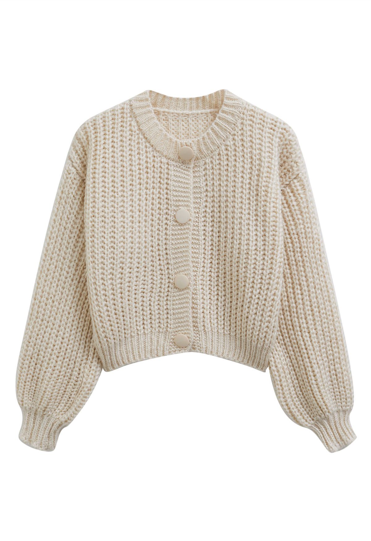 Puff Sleeves Buttoned Crop Chunky Knit Cardigan in Cream