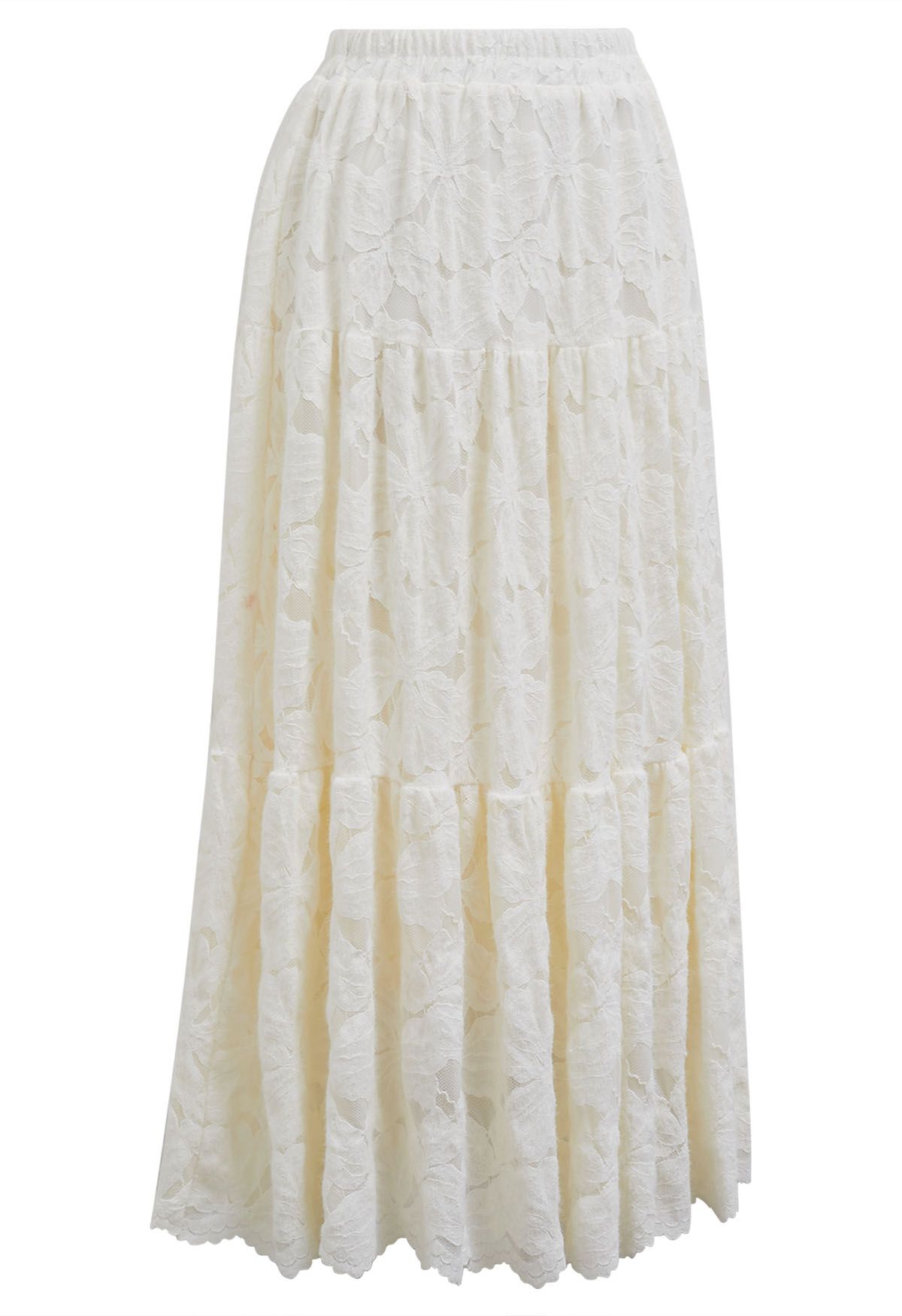 Fuzzy Floral Lace Midi Skirt in Cream