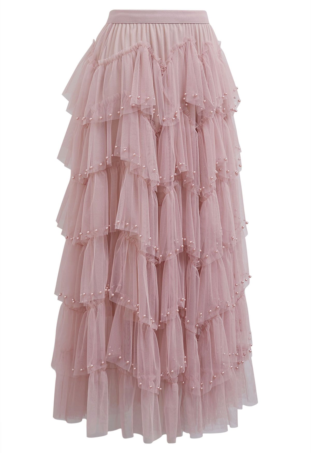 Ethereal Tiered Pearl Tulle Maxi Skirt in Dusty Pink