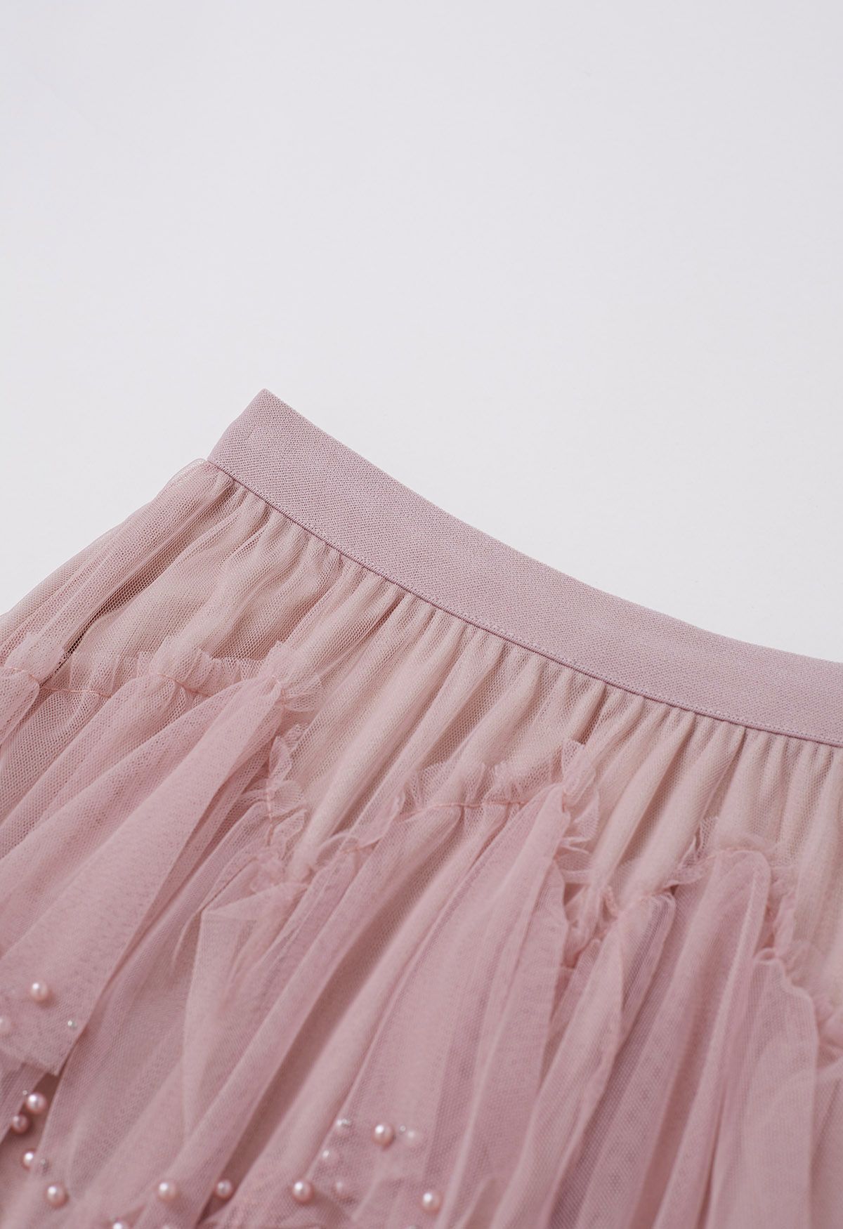 Ethereal Tiered Pearl Tulle Maxi Skirt in Dusty Pink