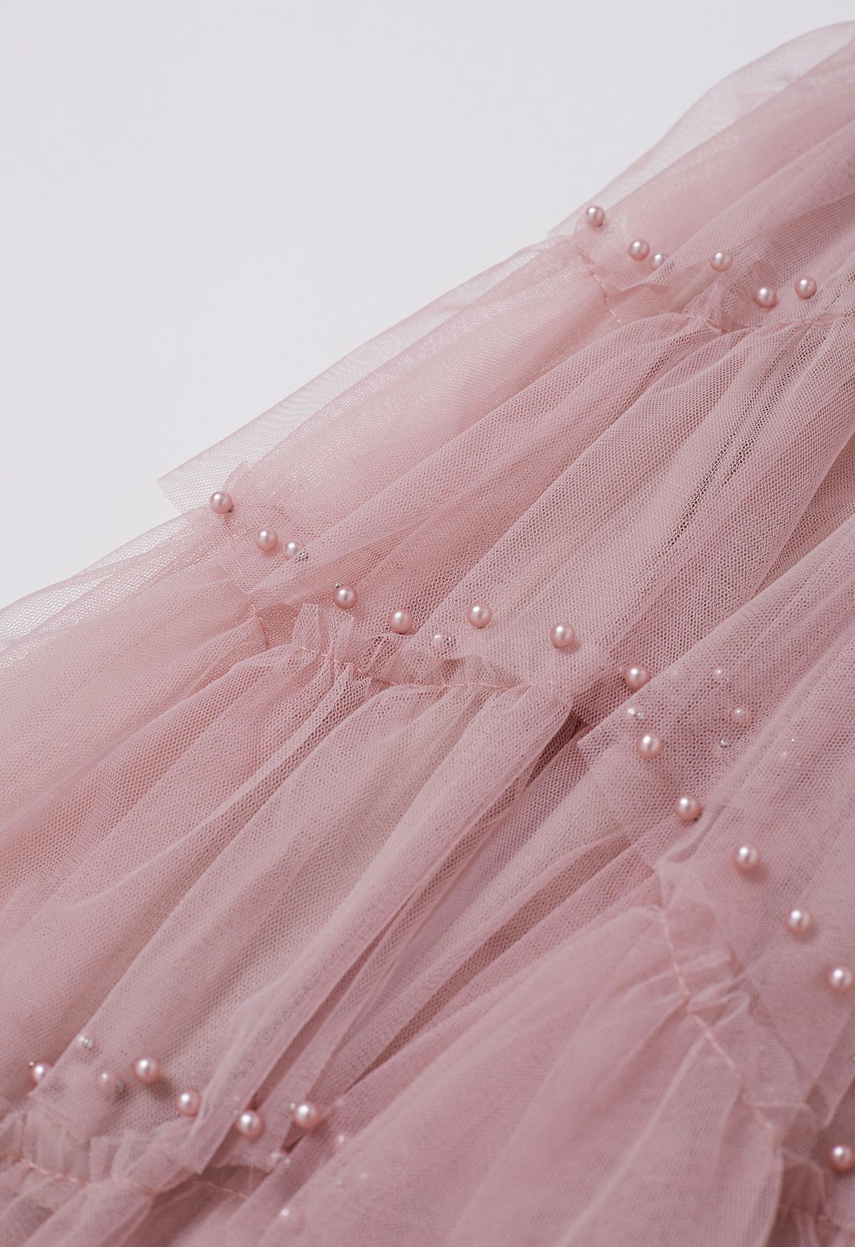 Ethereal Tiered Pearl Tulle Maxi Skirt in Dusty Pink