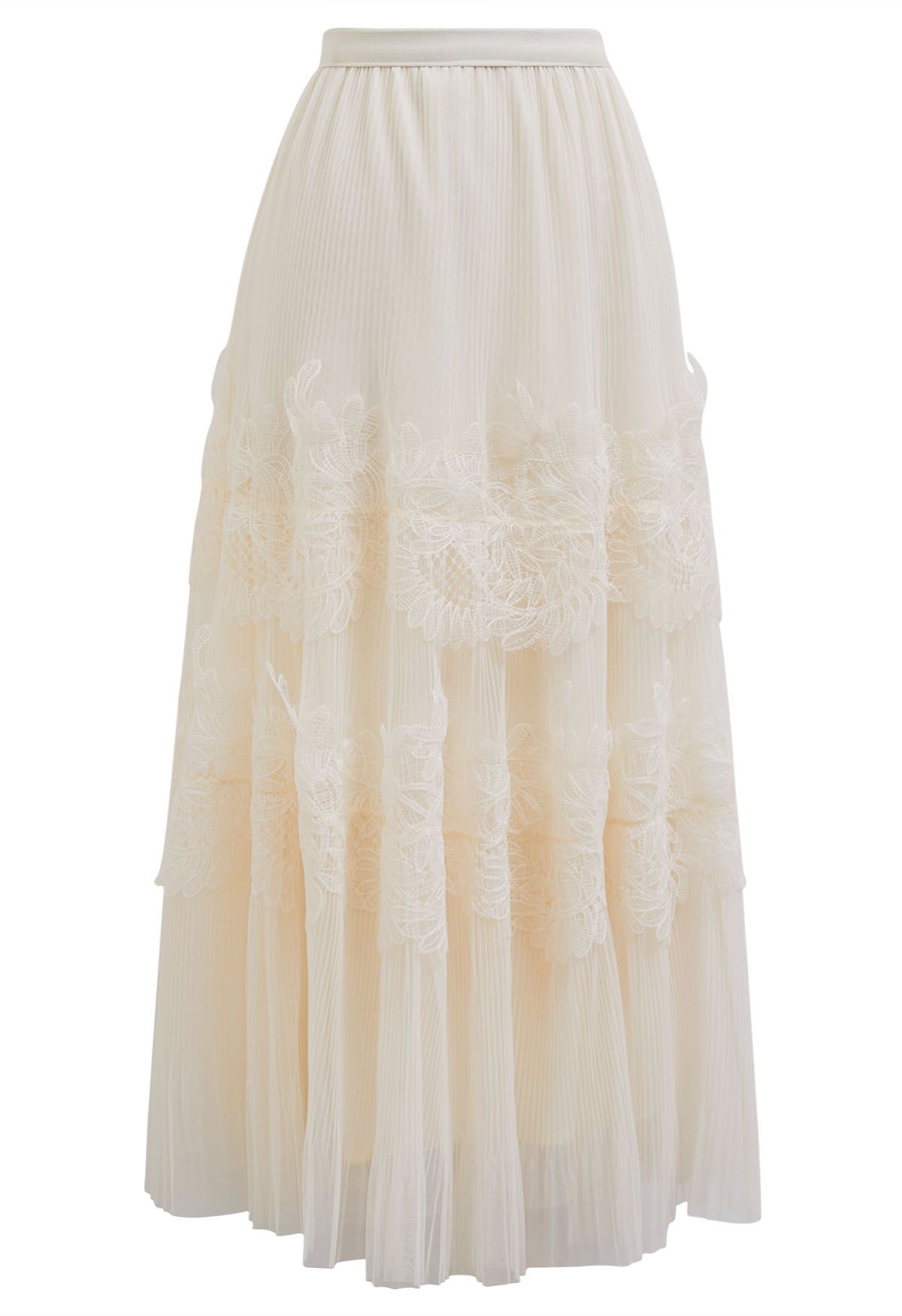 Embroidered Floral Double-Layered Mesh Maxi Skirt in Cream