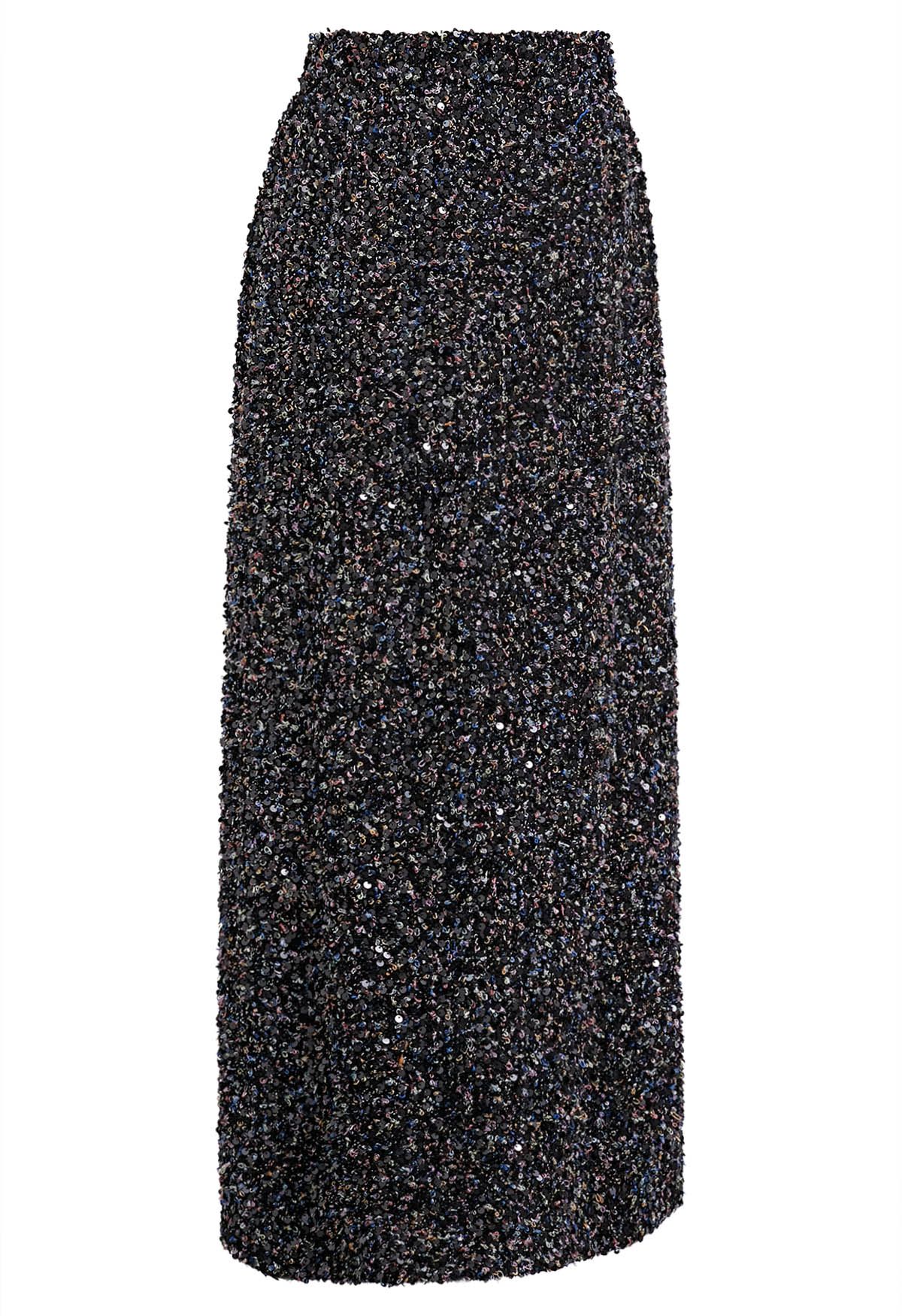 Chromatic Sequins Pencil Maxi Skirt in Black