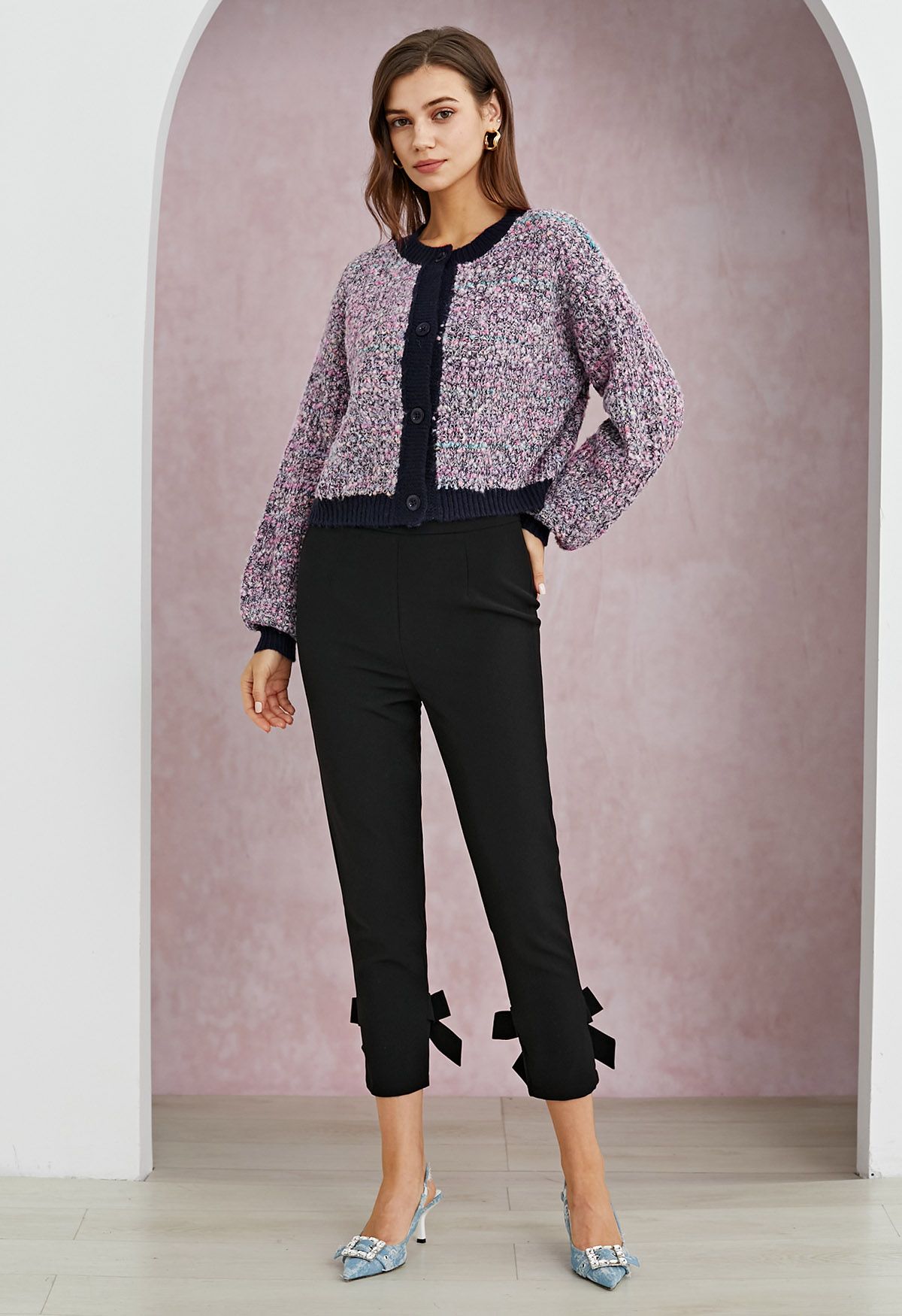 Confetti Puff Sleeves Crop Button Knit Cardigan