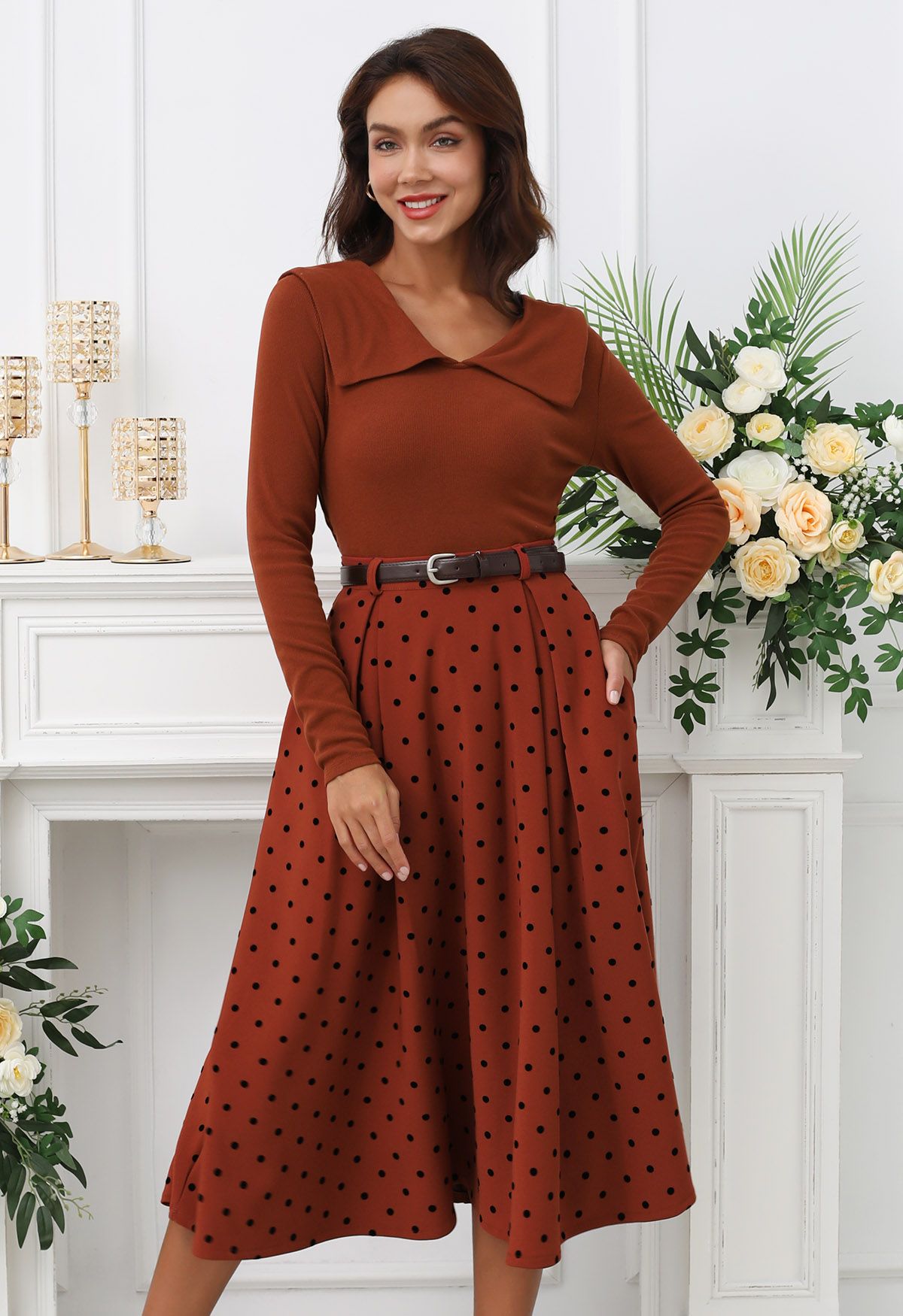 Velvet Polka Dot Belted A-Line Midi Skirt