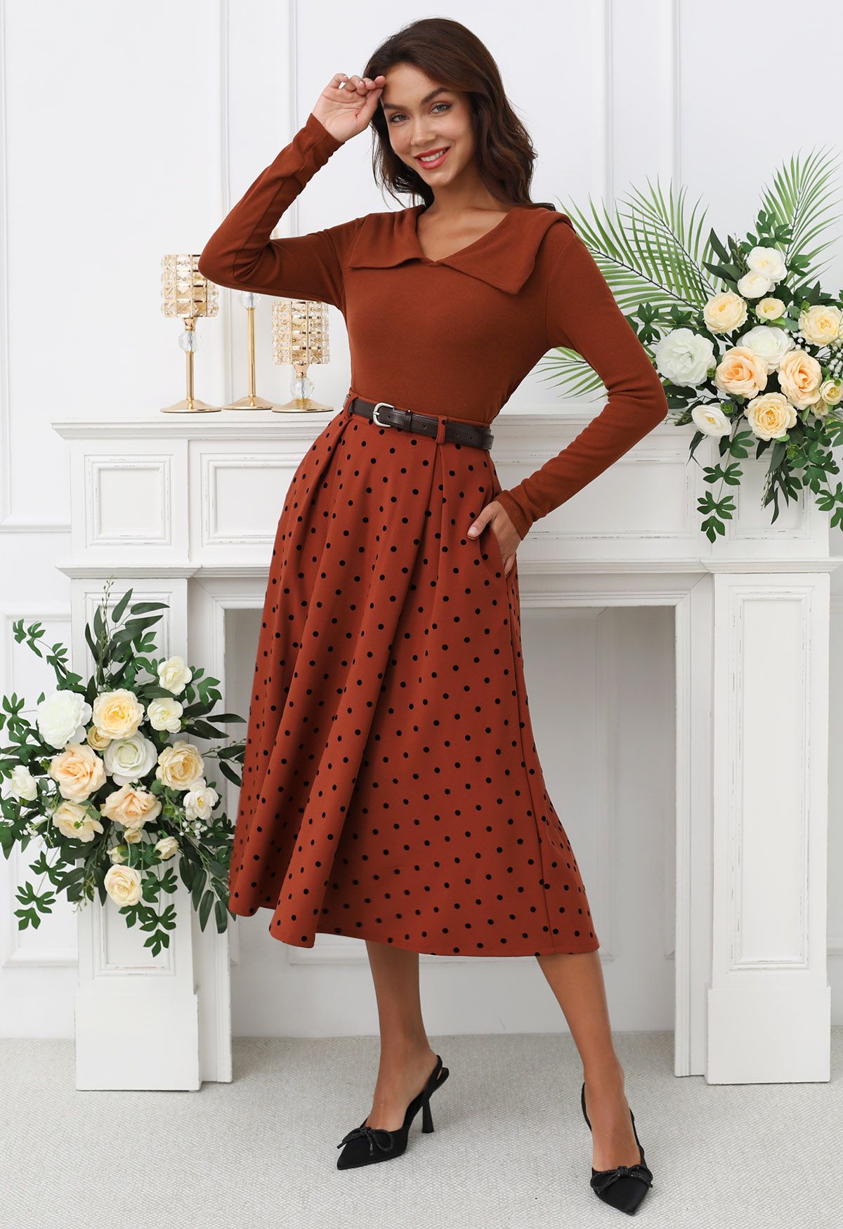 Velvet Polka Dot Belted A-Line Midi Skirt