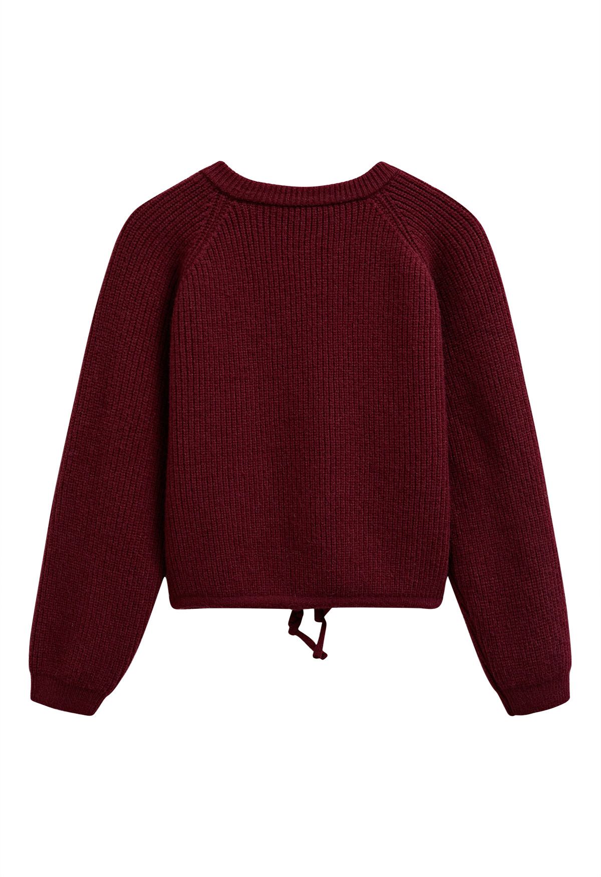 Drawstring Zipper Ribbed Knit Cardigan in Burgundy