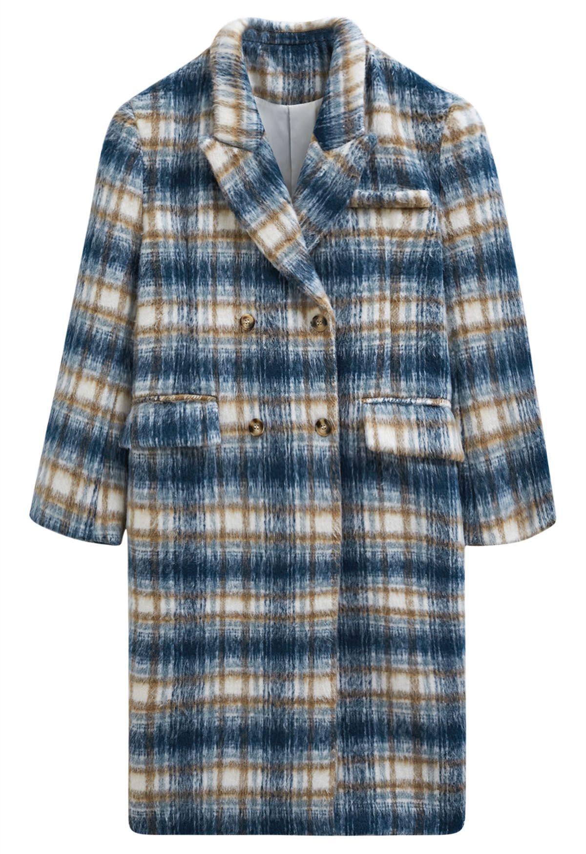 Peak Lapel Buttoned Plaid Fuzzy Coat in Indigo