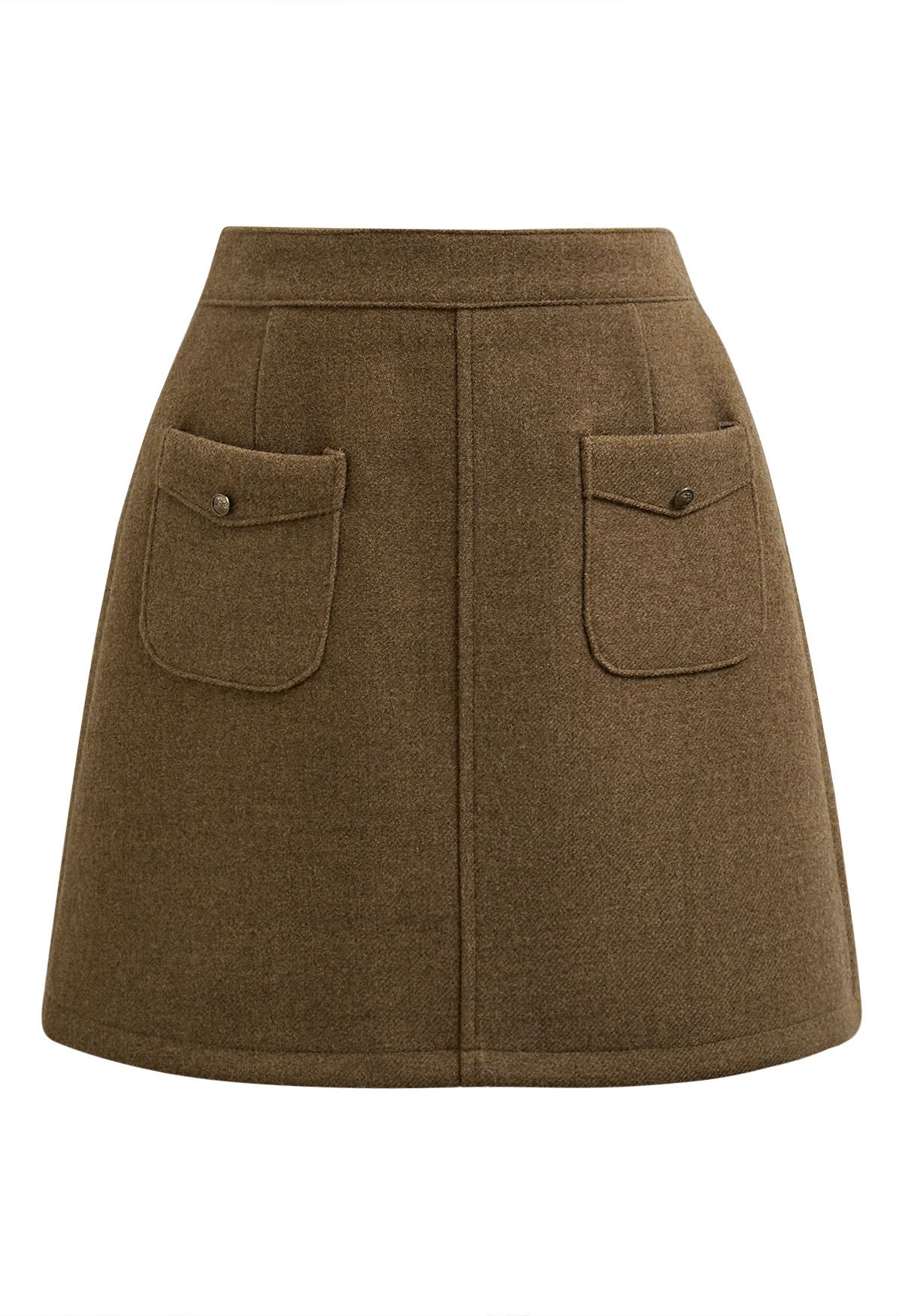 Retro Button Patch Pockets Mini Bud Skirt in Camel