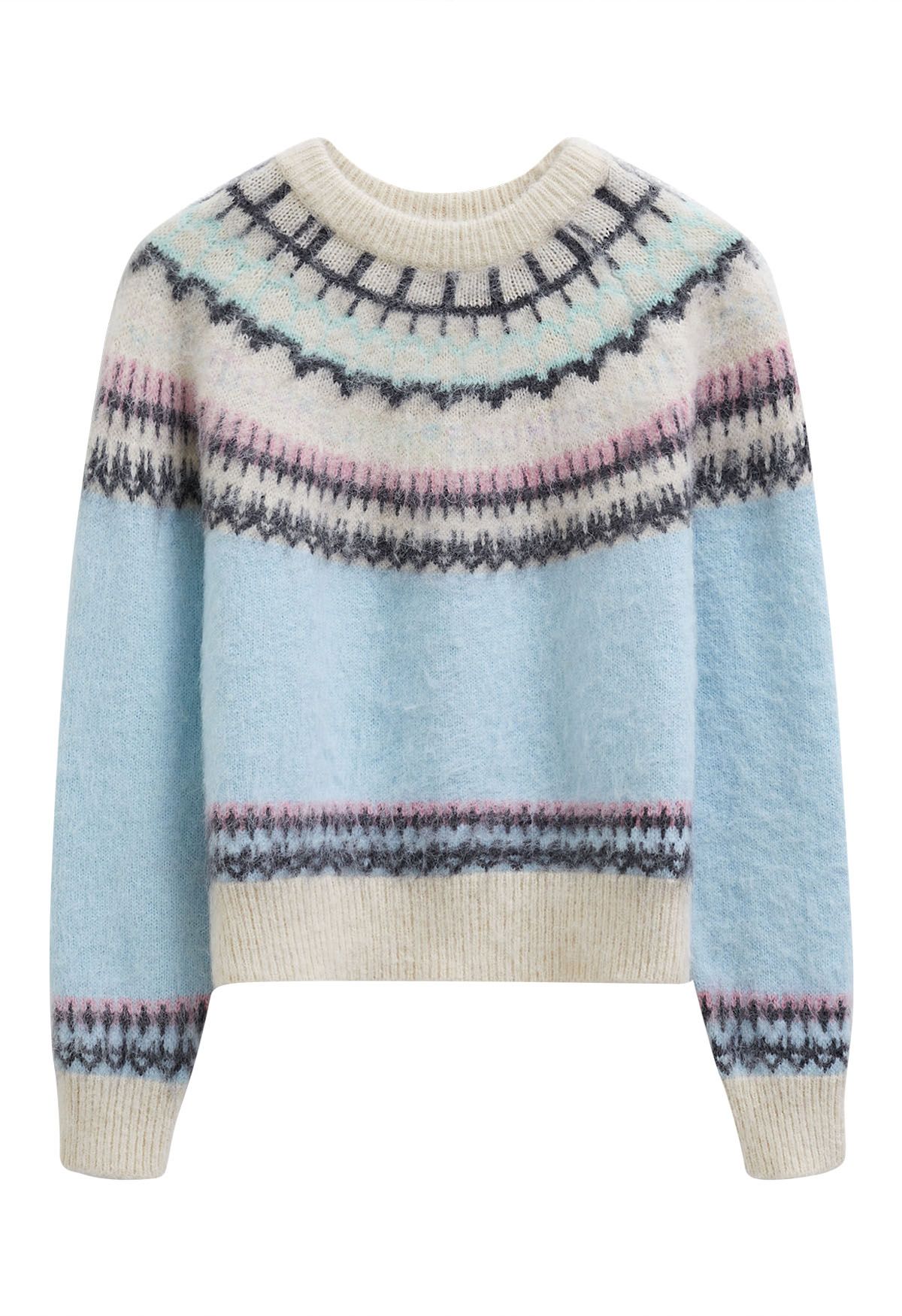 Multicolored Fair Isle Fuzzy Knit Sweater in Baby Blue