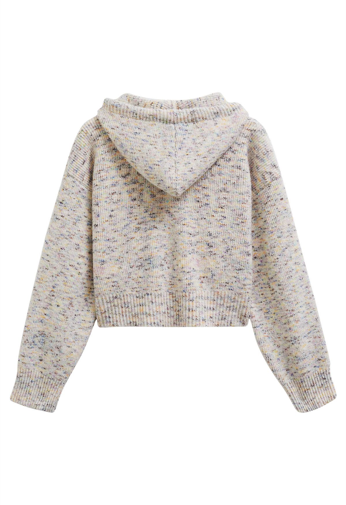 Zipper Drawstring Hooded Confetti Knit Cardigan in Ivory