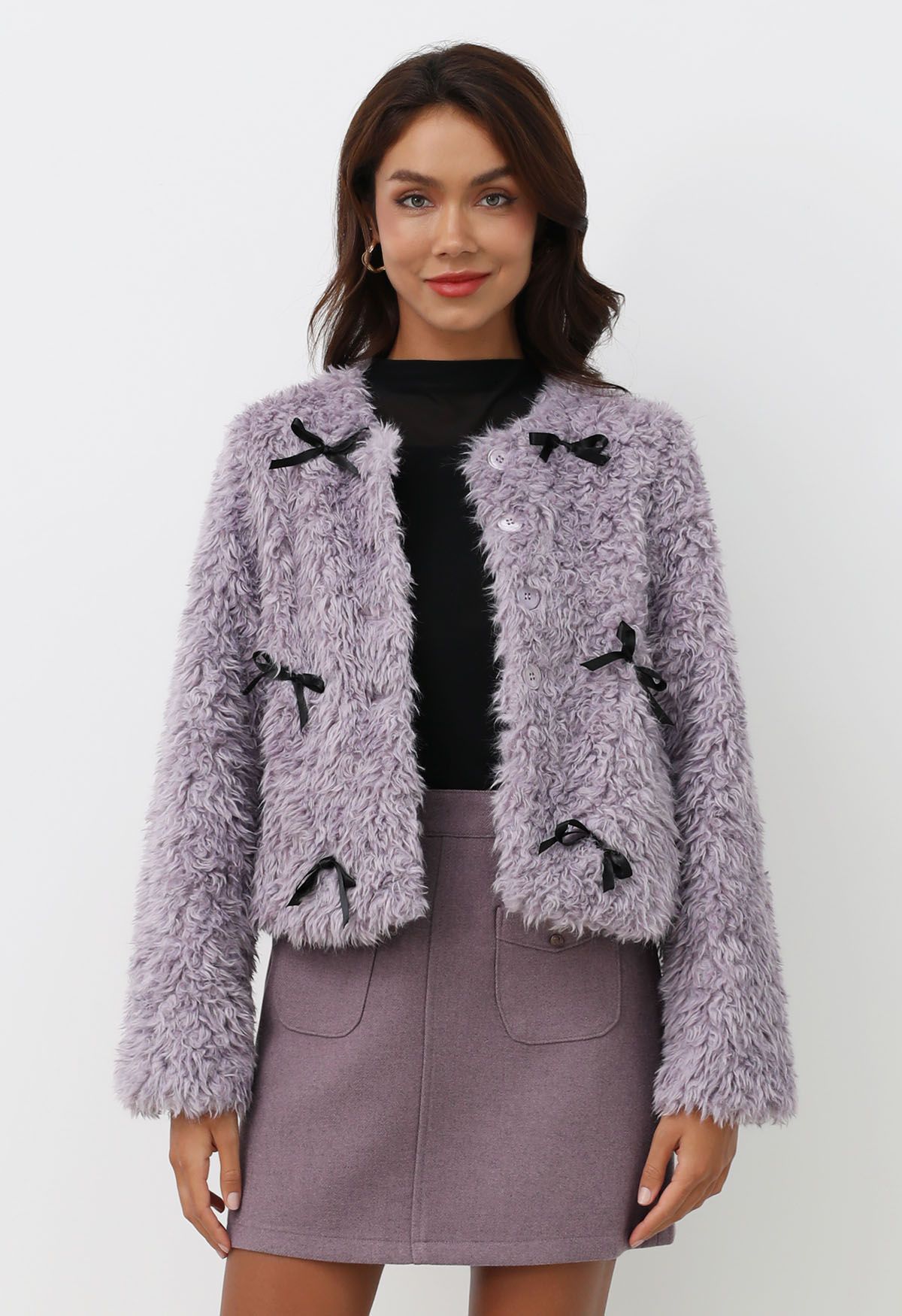 Satin Bowknot Detail Faux Fur Coat in Lavender