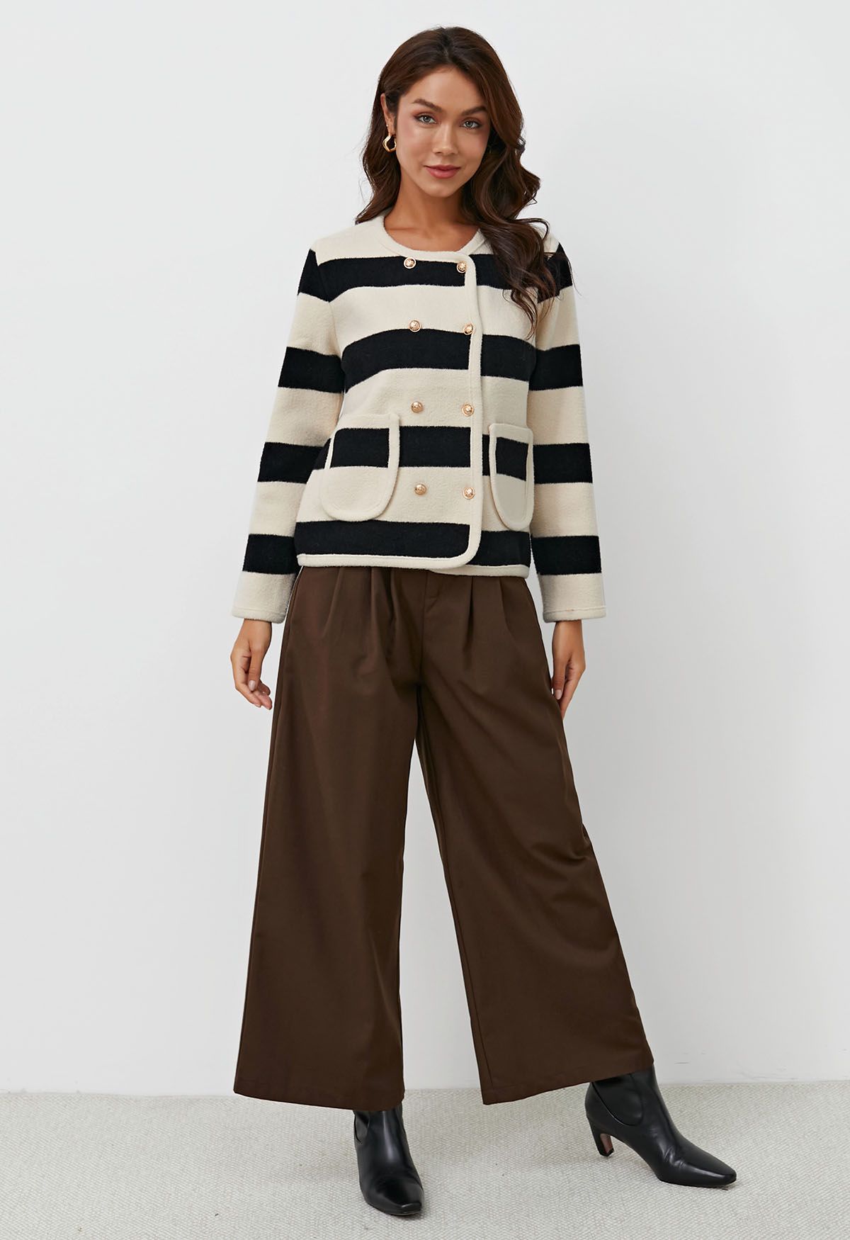 Modern Look Side Pocket Pleats Palazzo Pants in Brown