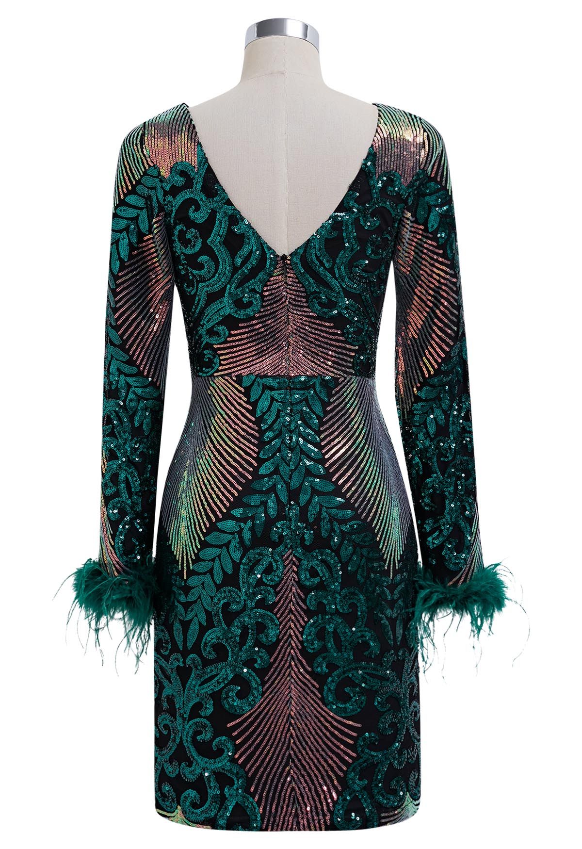 Dazzling Sequins Vine Feather Trim Bodycon Dress in Dark Green