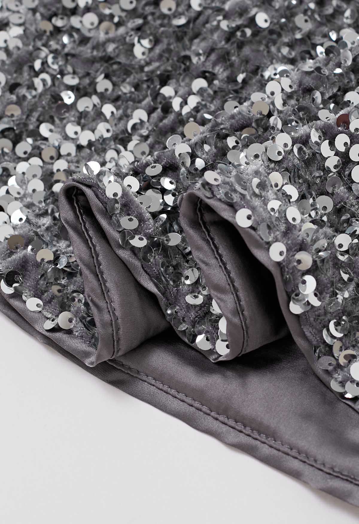 Glistening Silver Sequins Flare Cuffs Velvet Bodycon Dress