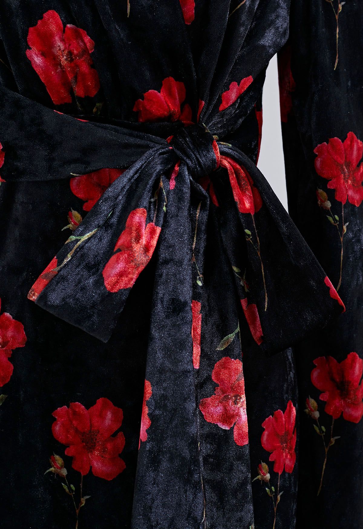 Velvet Floral Printed Tie Sash Midi Dress in Black