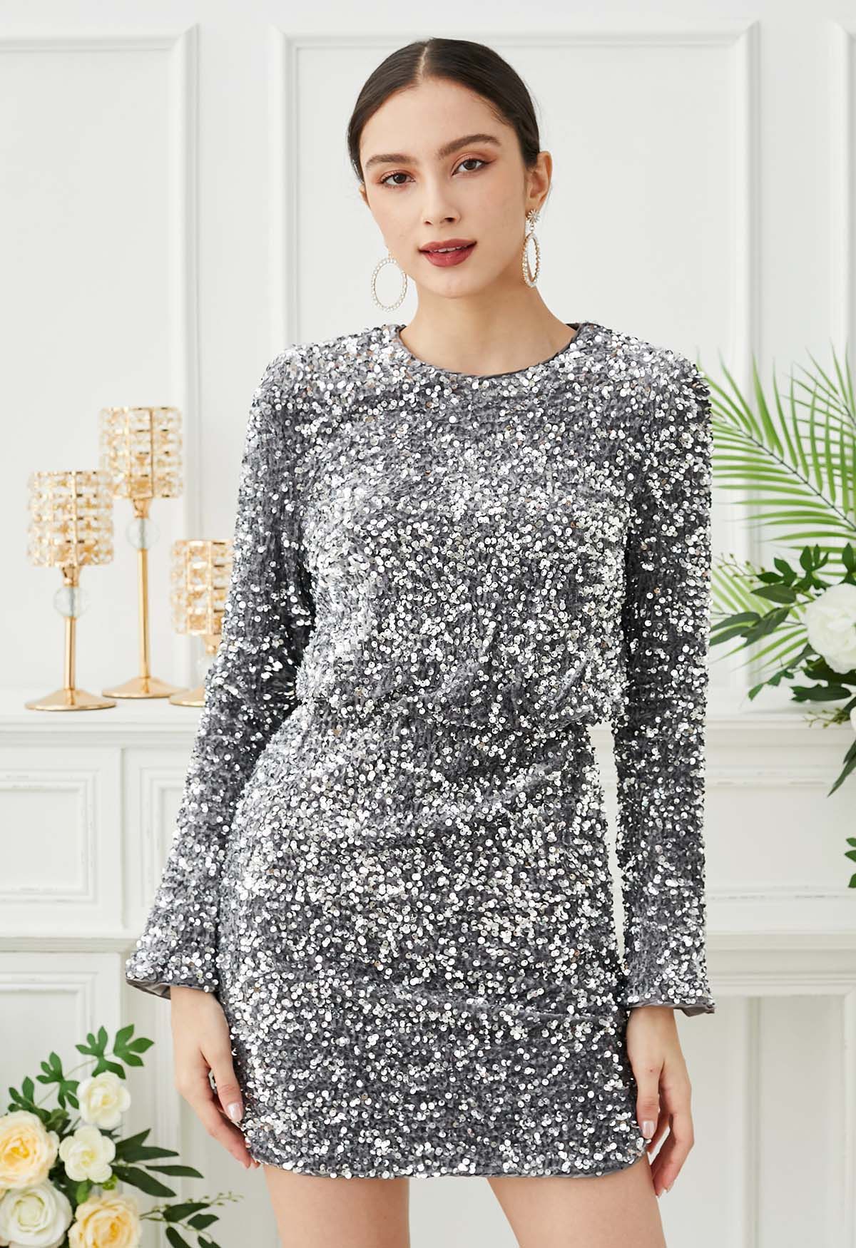 Glistening Silver Sequins Flare Cuffs Velvet Bodycon Dress