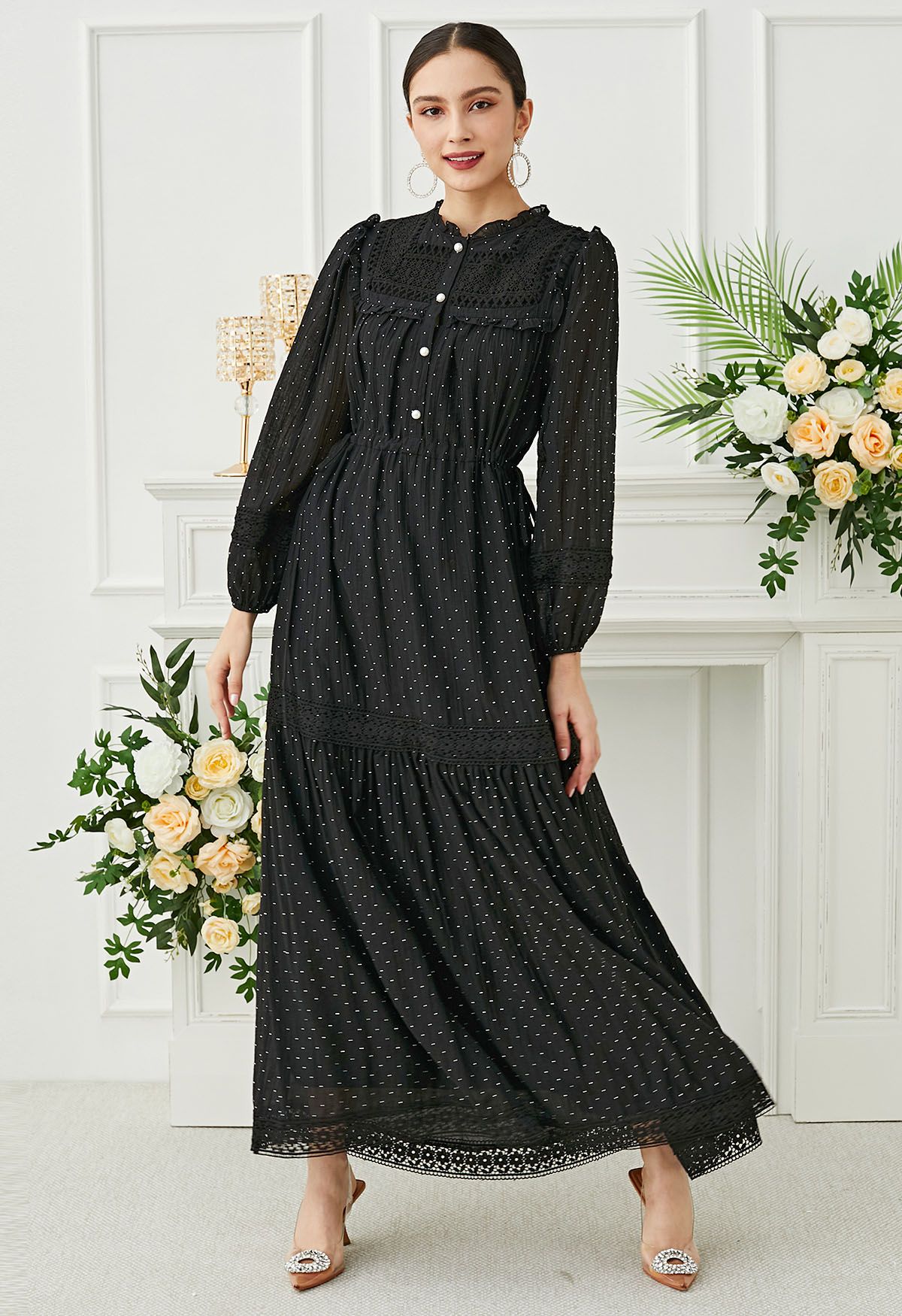 Rhinestone Dots Crochet Buttoned Maxi Dress in Black