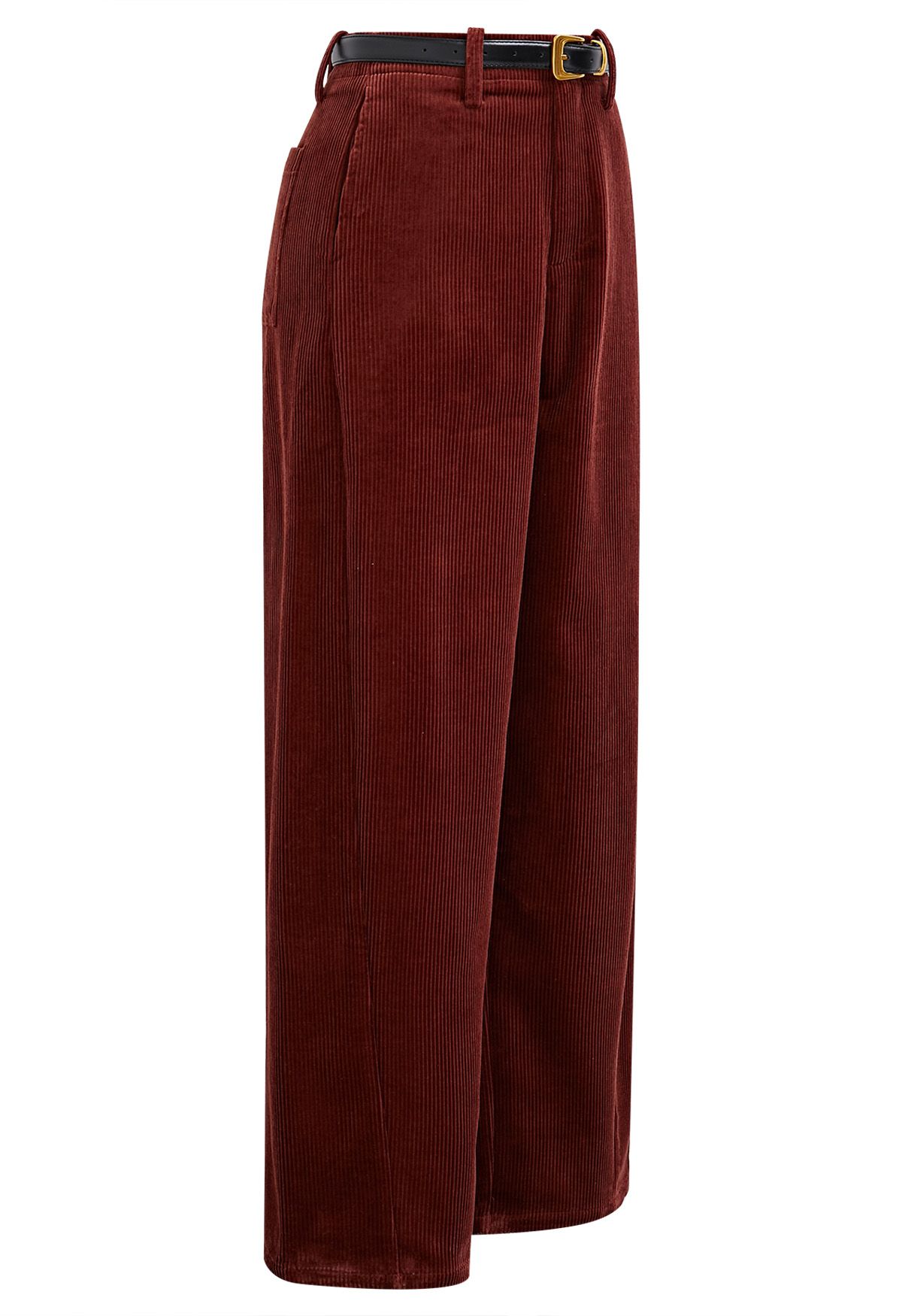 Sturdy Corduroy Belted Straight-Leg Pants in Burgundy