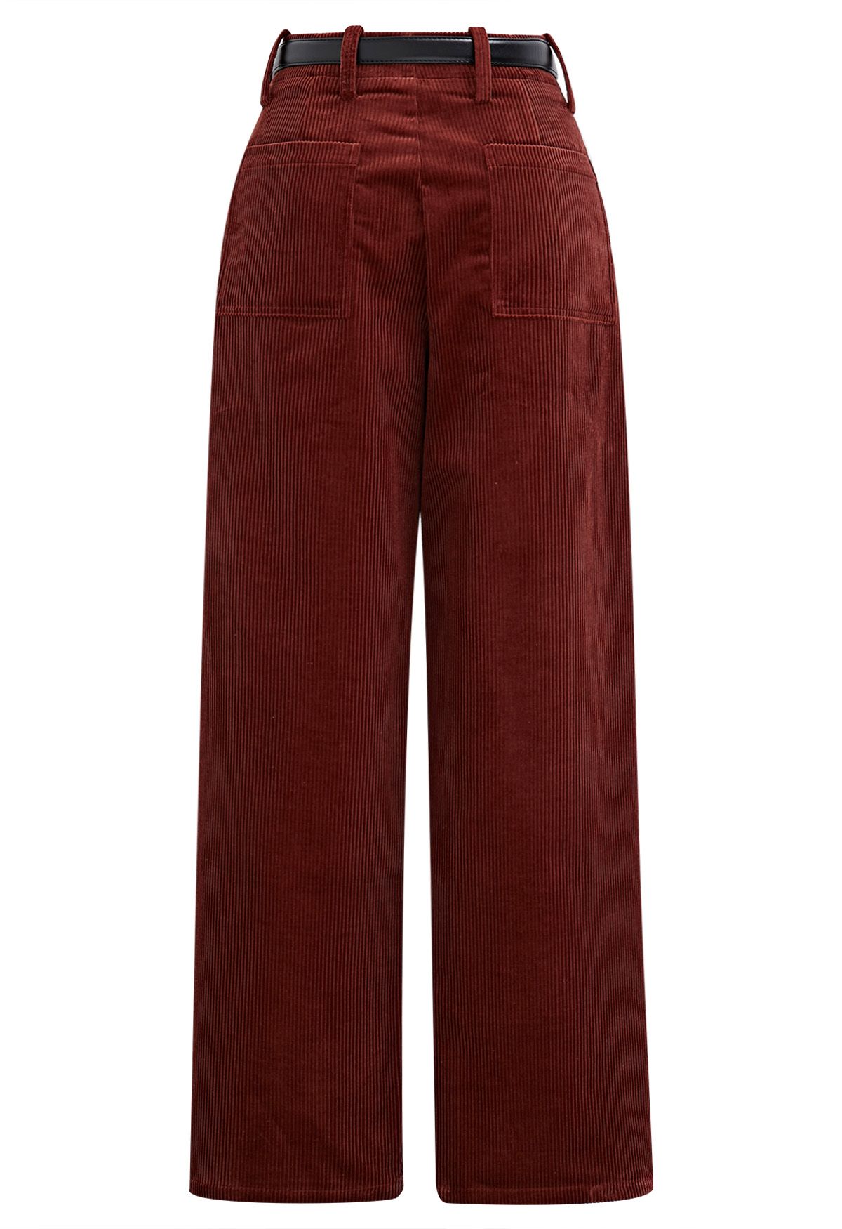 Sturdy Corduroy Belted Straight-Leg Pants in Burgundy