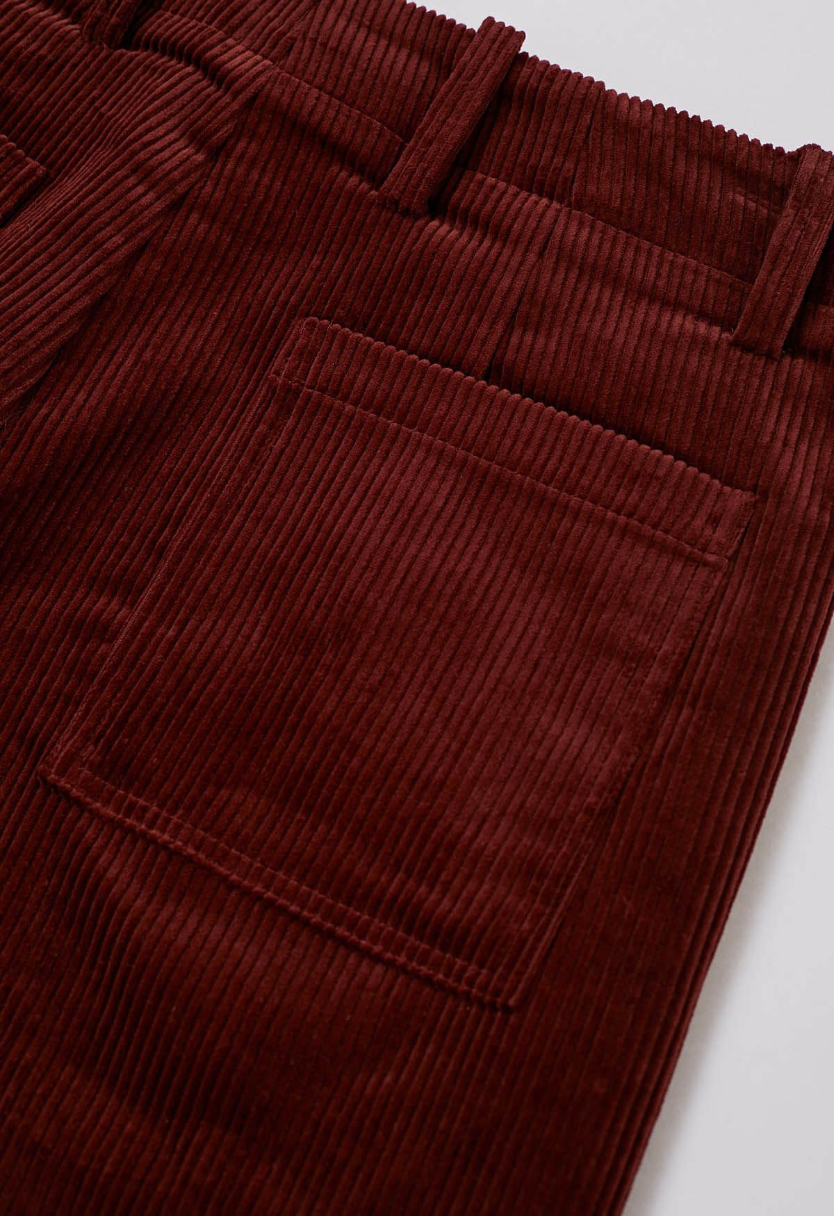 Sturdy Corduroy Belted Straight-Leg Pants in Burgundy