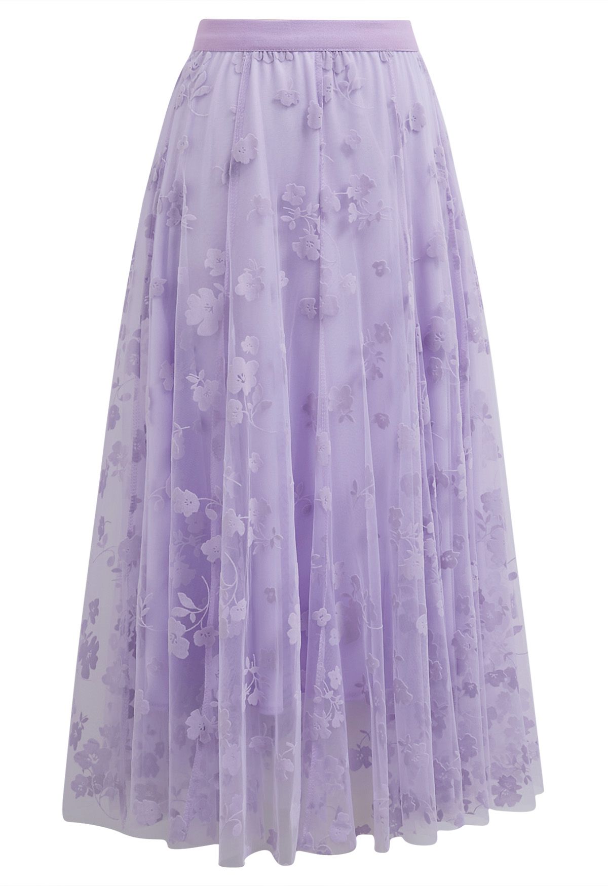 3D Posy Double-Layered Mesh Midi Skirt in Lavender