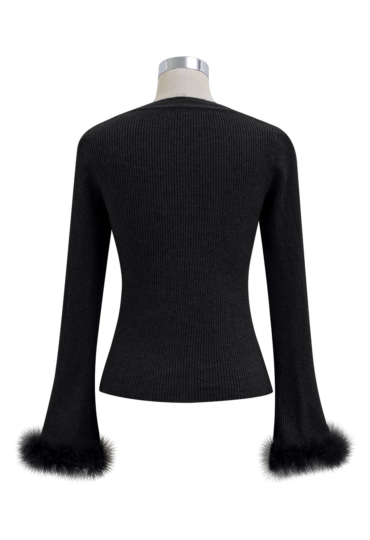 Feather Trim Cuff Golden Button Knit Top in Black