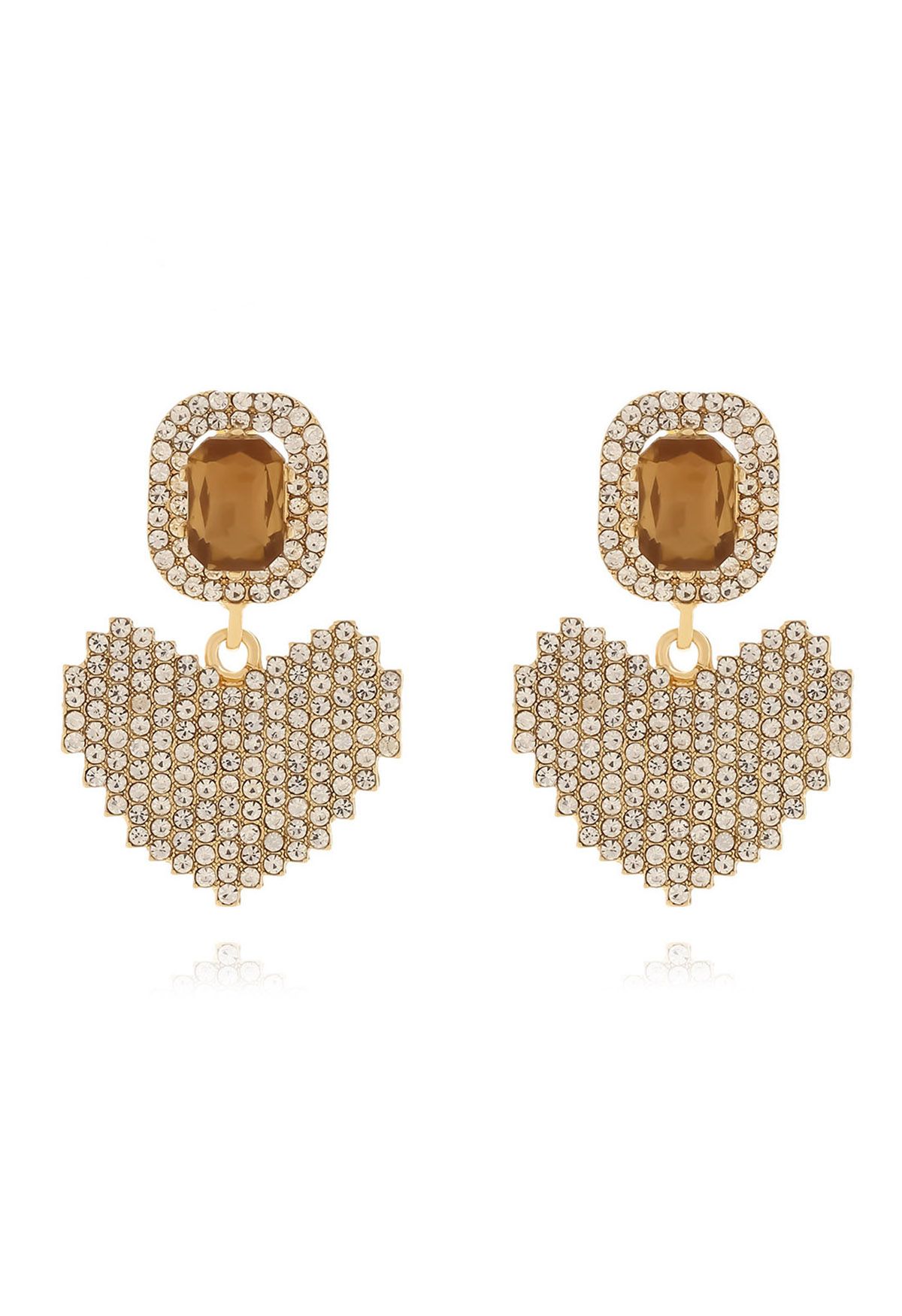 Full Rhinestone Heart Earrings in Amber