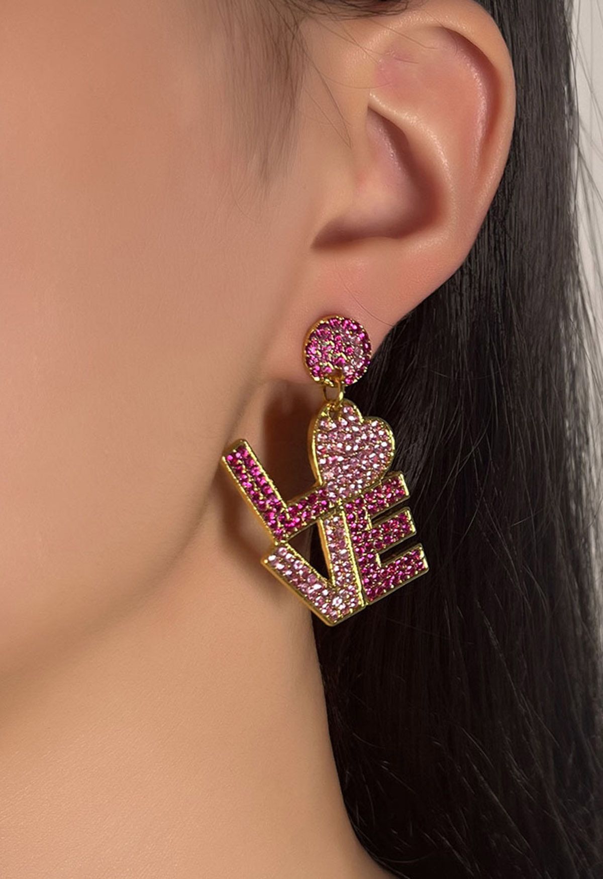 Pink Love Letters Rhinestone Earrings