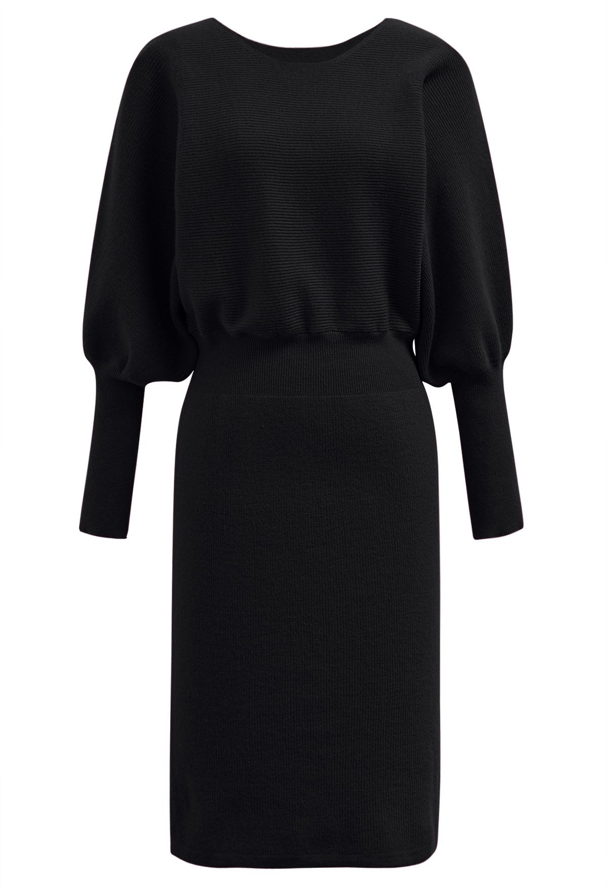 Batwing Sleeves Cinched Waist Knit Dress in Black