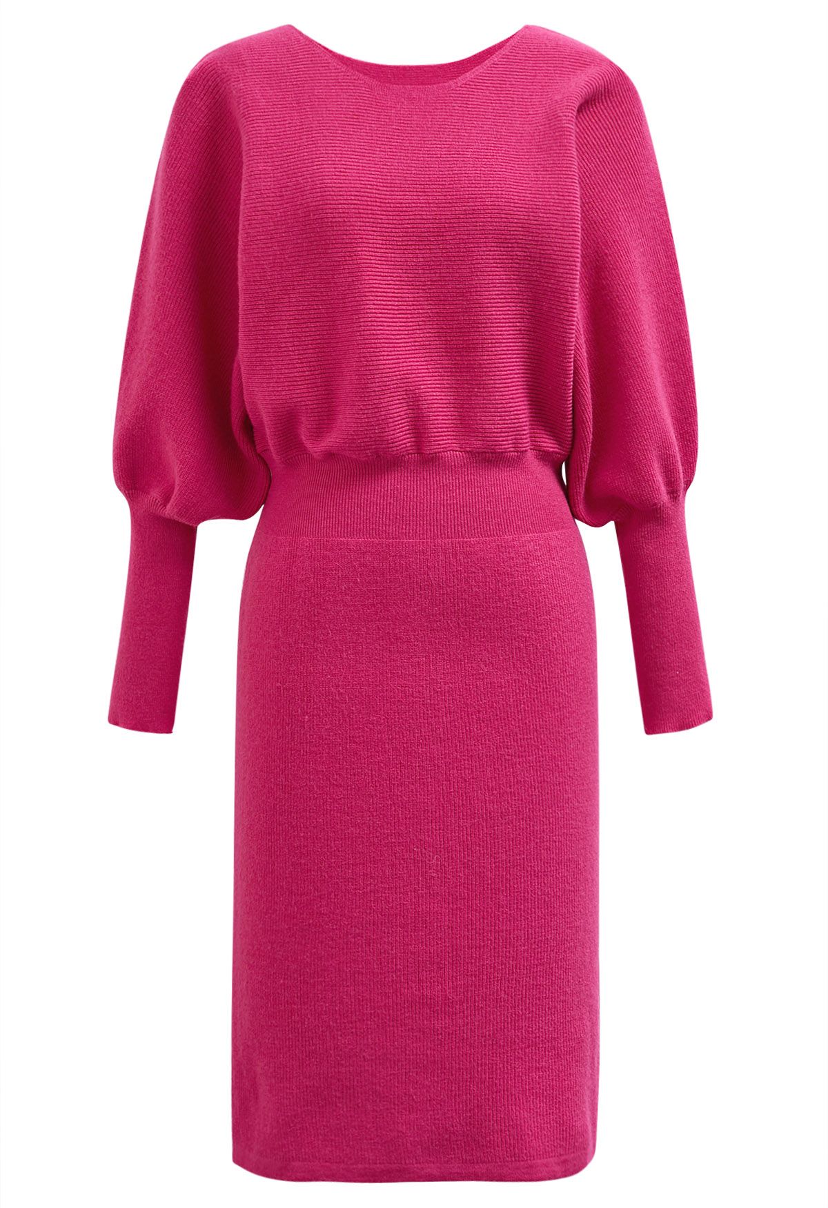 Batwing Sleeves Cinched Waist Knit Dress in Hot Pink